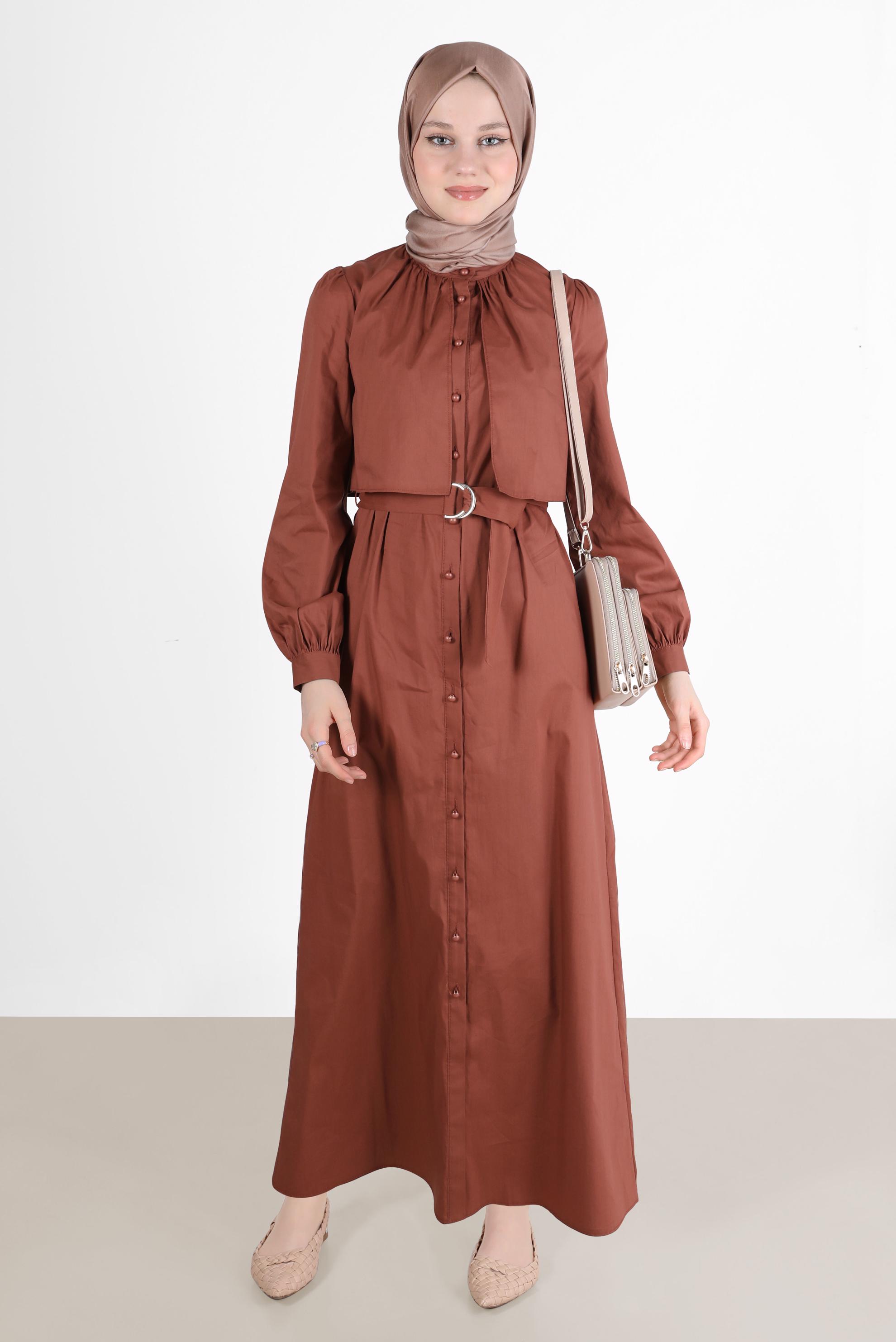 Tesettür giyim TURUNCU BOYDAN DÜĞMELİ KEMERLİ ELBİSE 42634 
