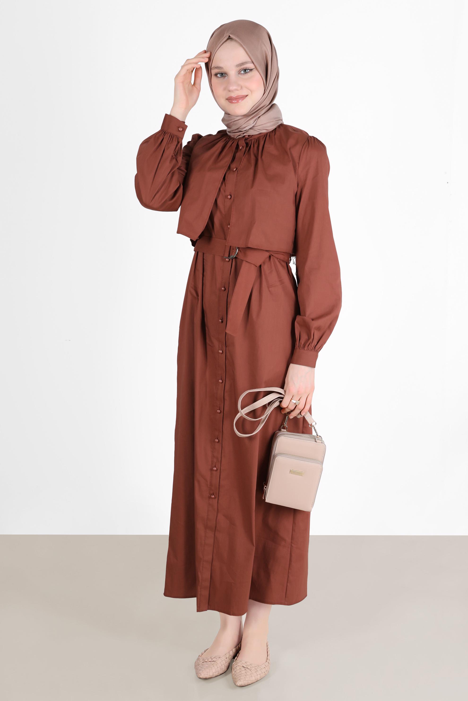 Tesettür giyim TURUNCU BOYDAN DÜĞMELİ KEMERLİ ELBİSE 42634 