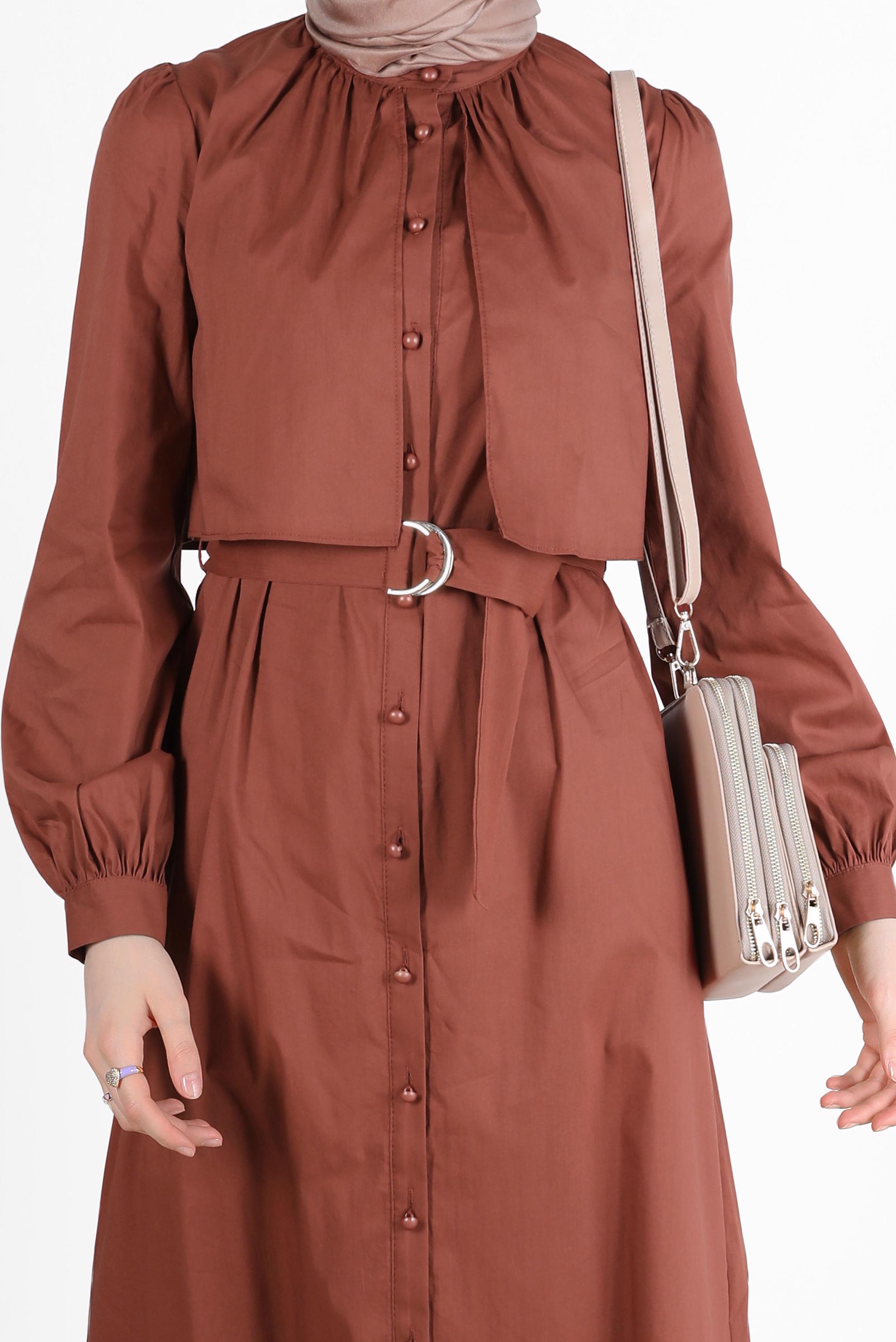 Tesettür giyim TURUNCU BOYDAN DÜĞMELİ KEMERLİ ELBİSE 42634 