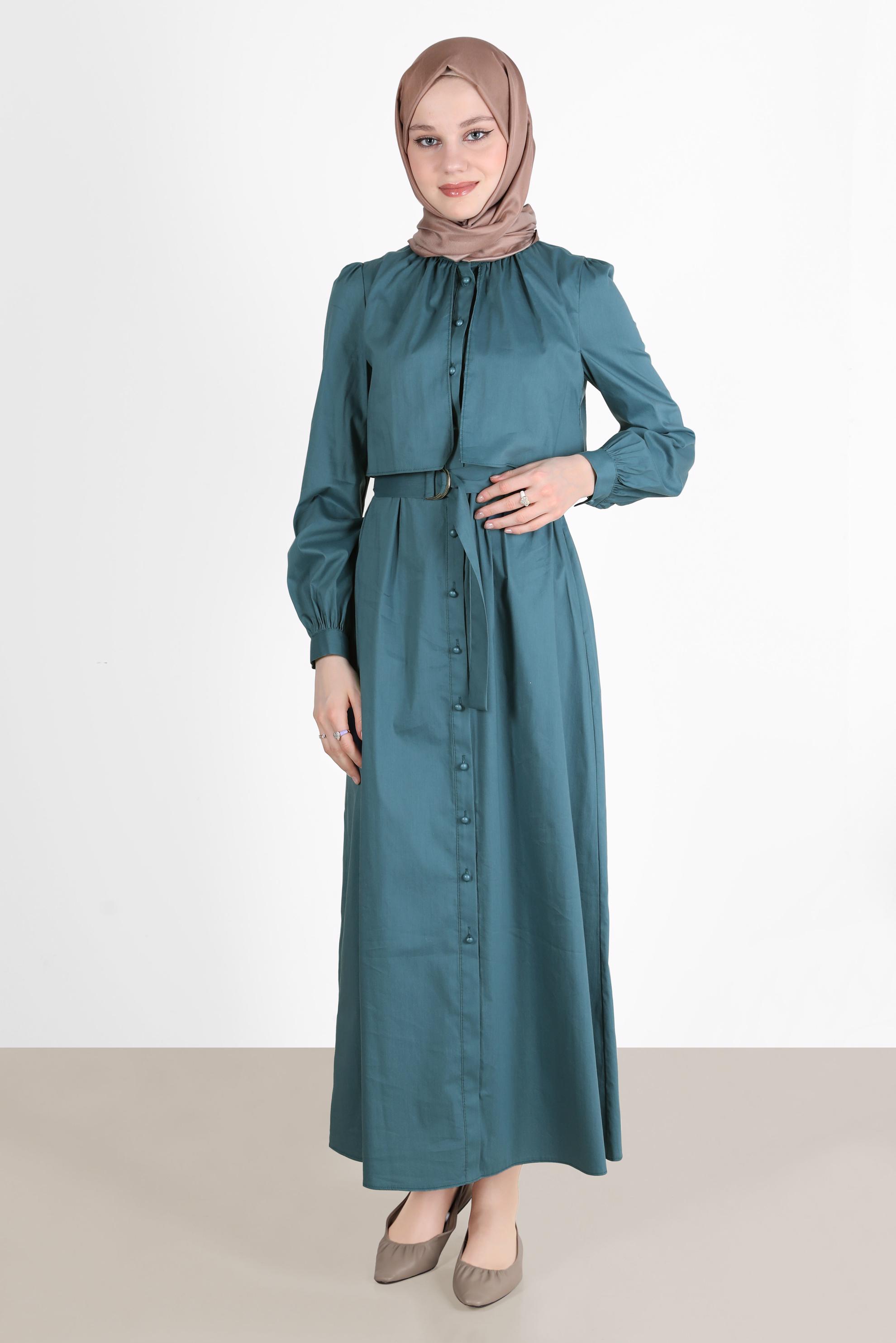 Tesettür giyim MAVİ BOYDAN DÜĞMELİ KEMERLİ ELBİSE 42634 