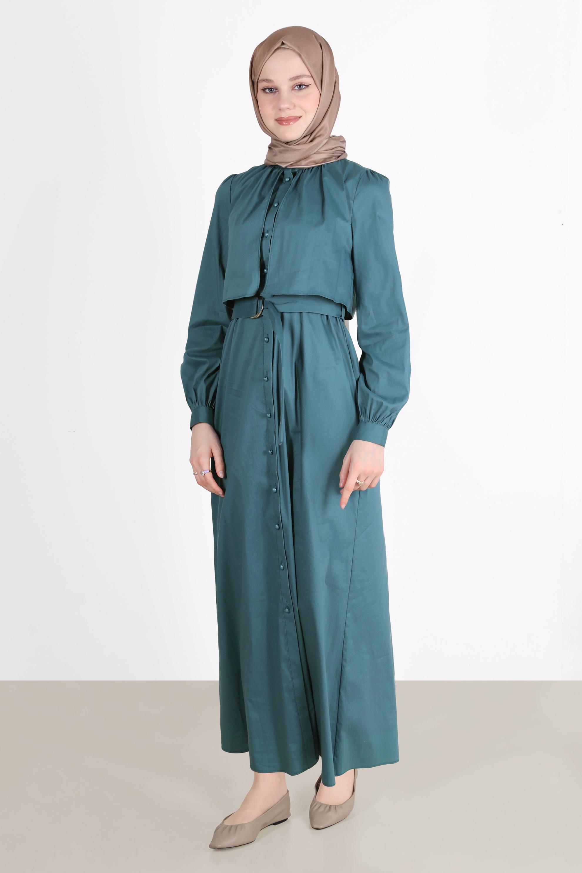 Tesettür giyim MAVİ BOYDAN DÜĞMELİ KEMERLİ ELBİSE 42634 