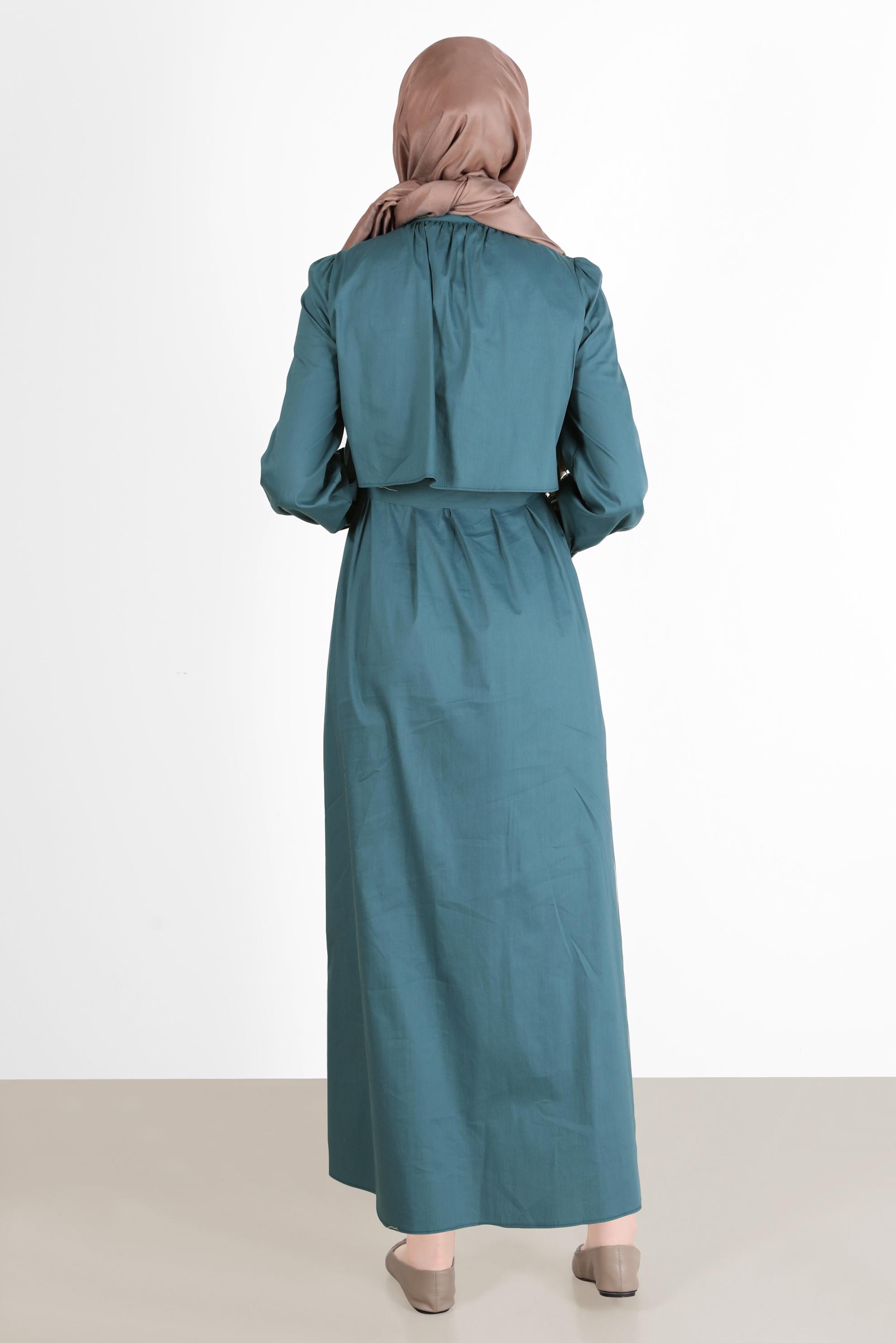 Tesettür giyim MAVİ BOYDAN DÜĞMELİ KEMERLİ ELBİSE 42634 