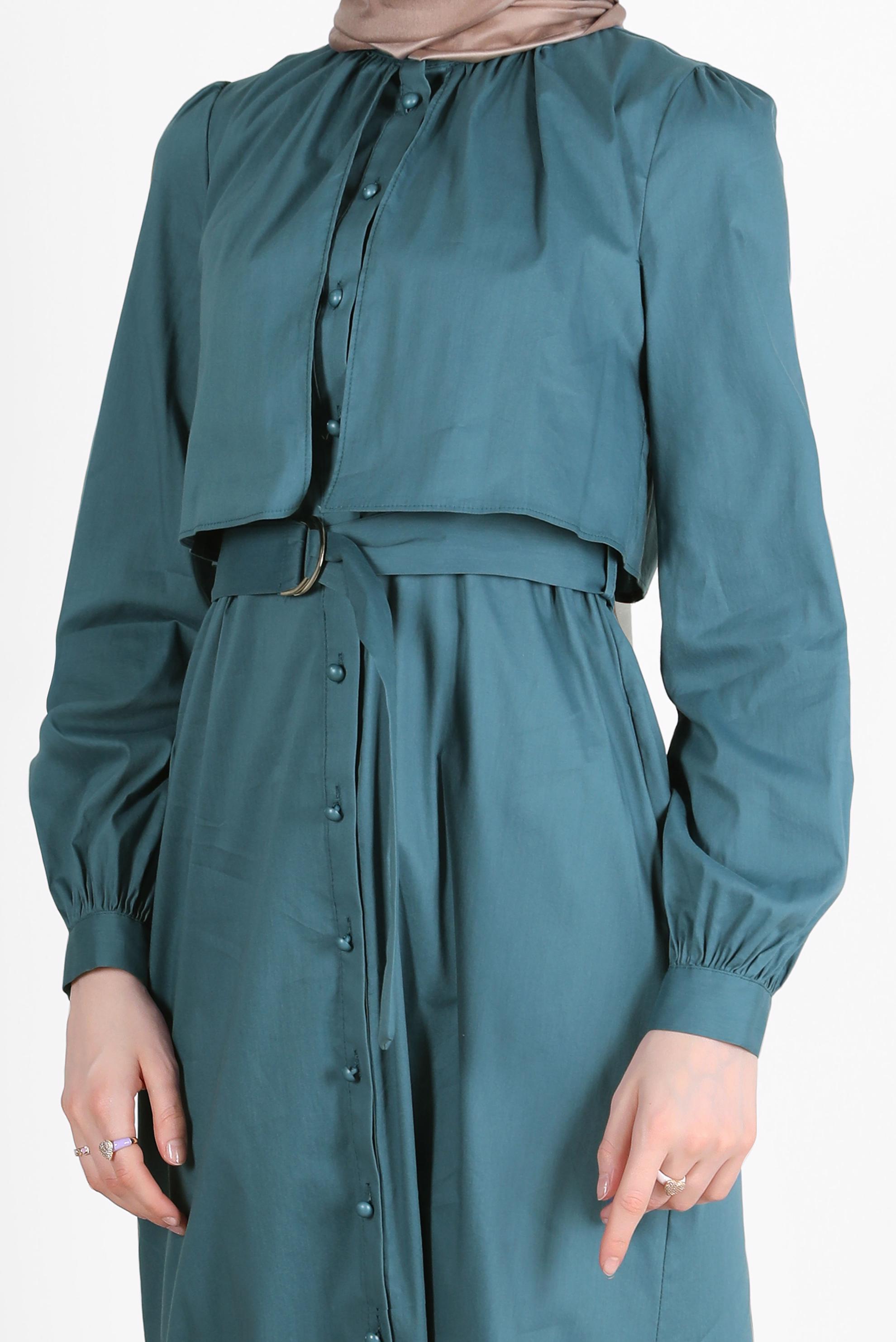 Tesettür giyim MAVİ BOYDAN DÜĞMELİ KEMERLİ ELBİSE 42634 