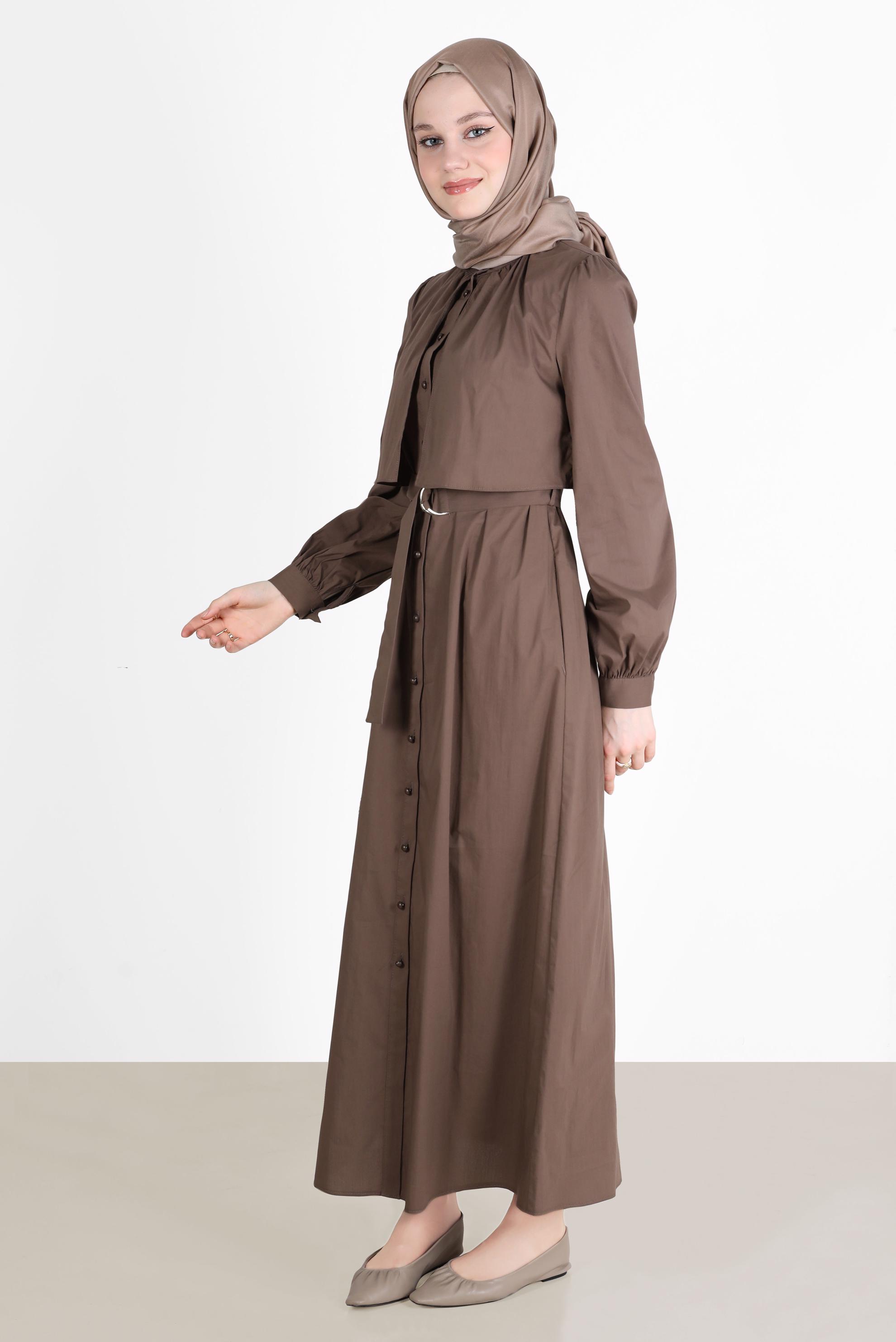 Tesettür giyim VİZON BOYDAN DÜĞMELİ KEMERLİ ELBİSE 42634 