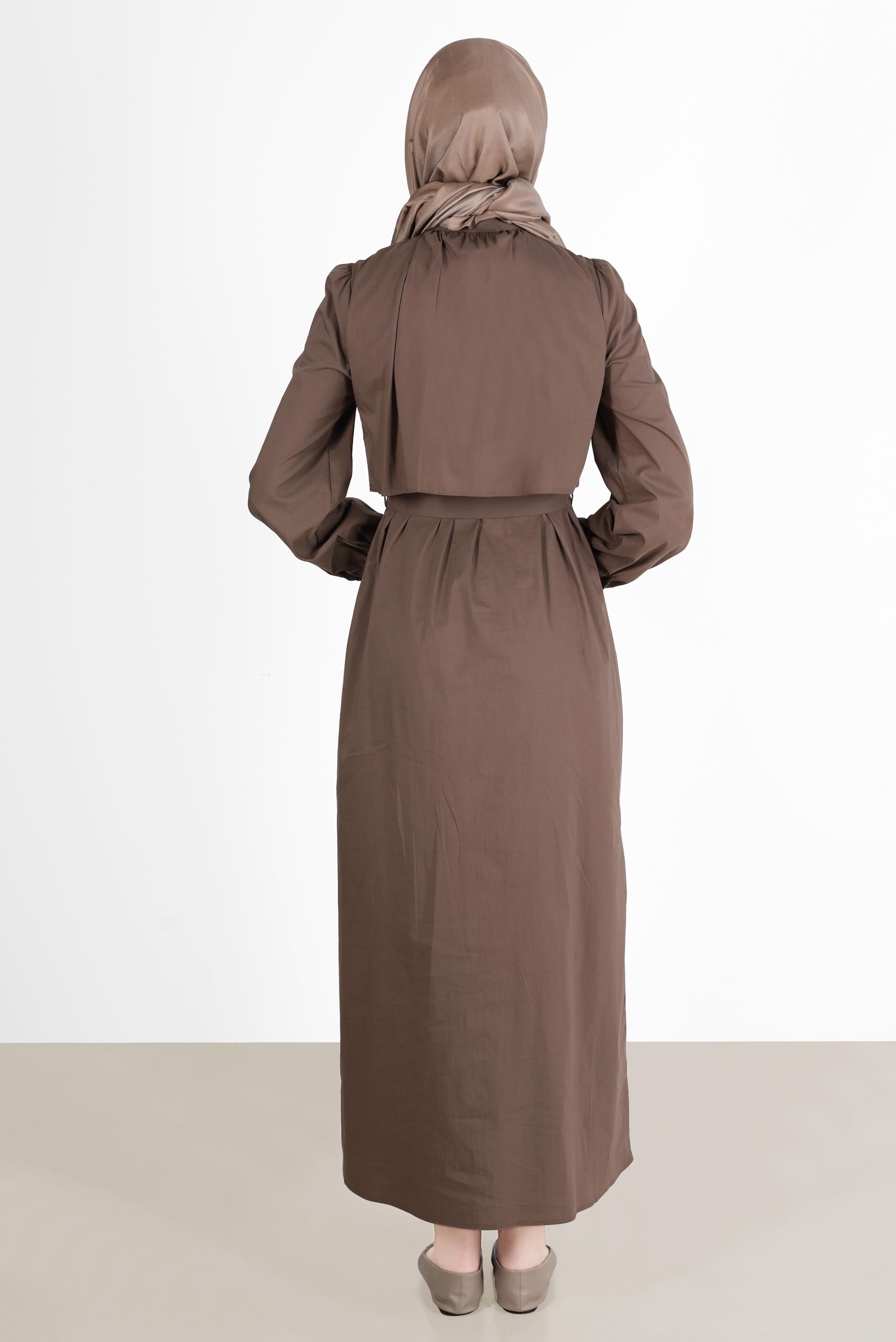 Tesettür giyim VİZON BOYDAN DÜĞMELİ KEMERLİ ELBİSE 42634 