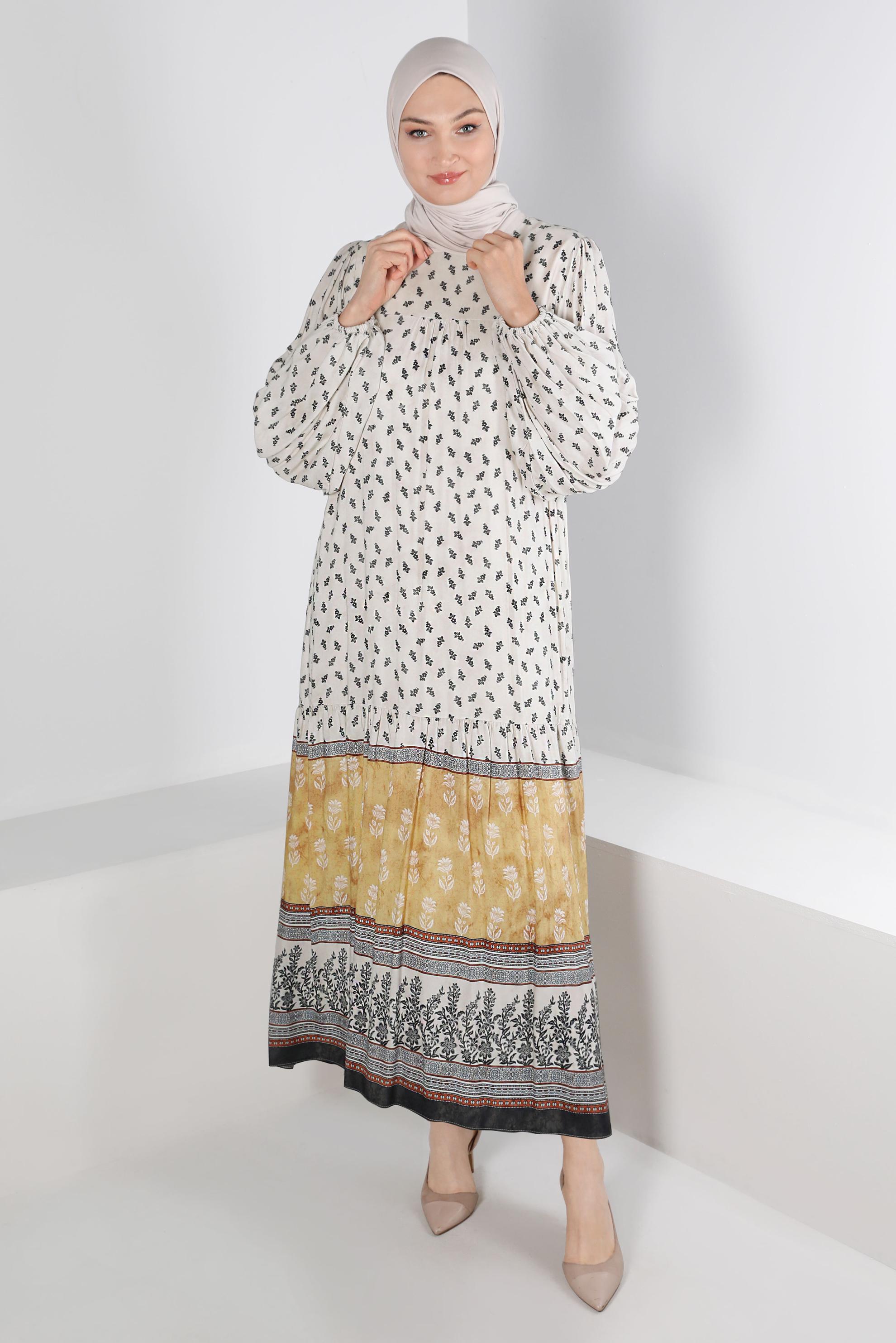 Tesettür giyim SARI ETNİK DESENLİ ELBİSE 42644 