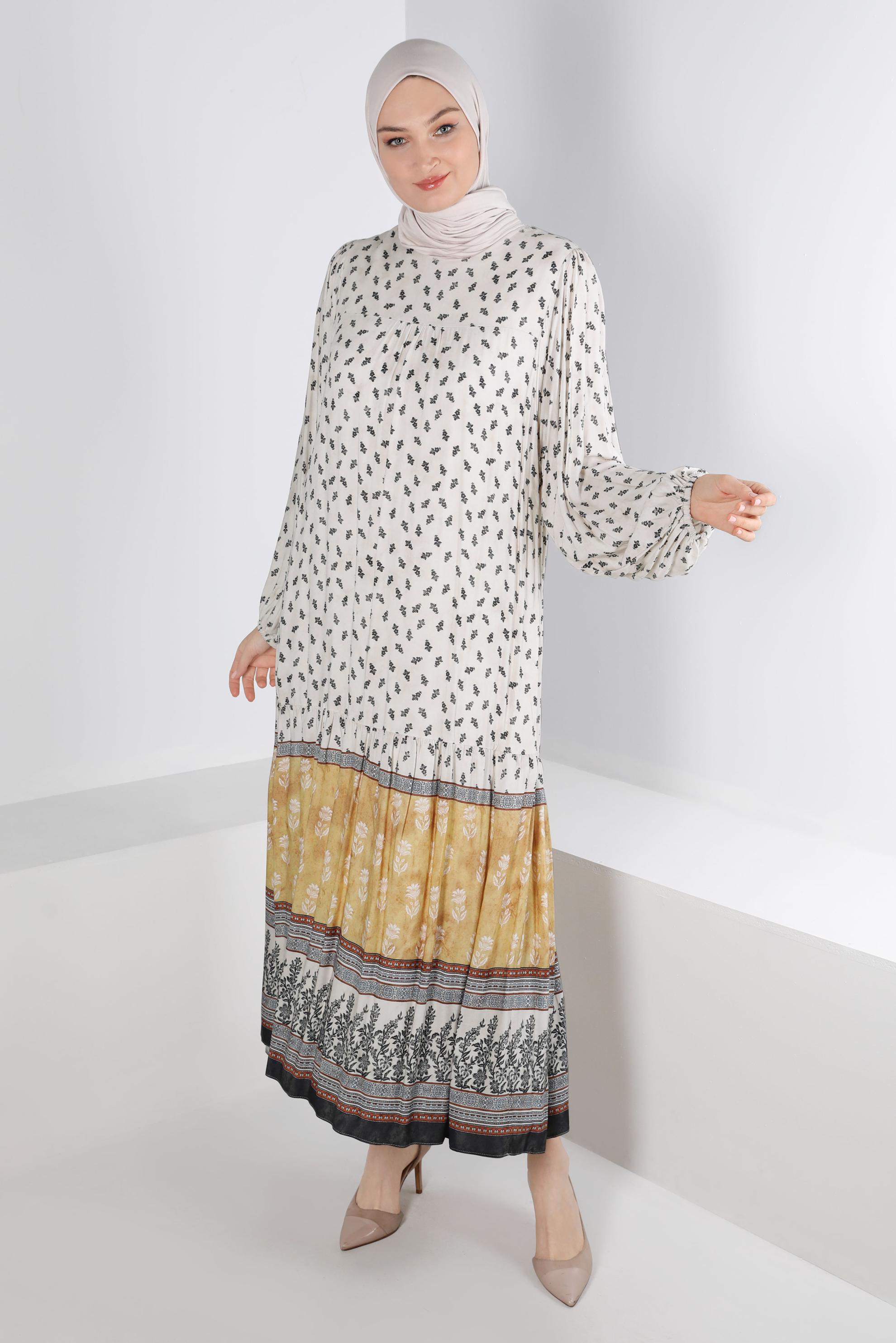 Tesettür giyim SARI ETNİK DESENLİ ELBİSE 42644 