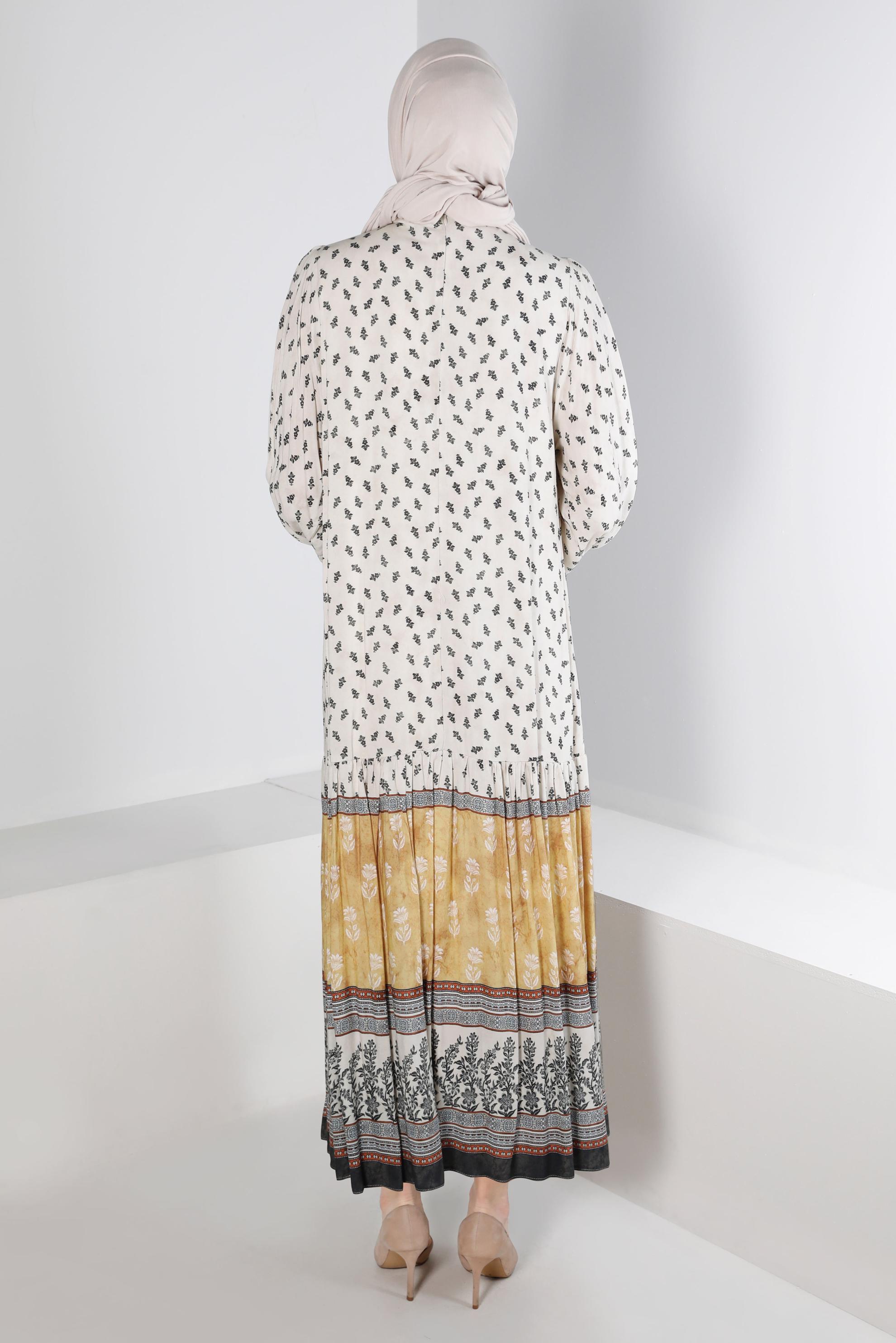 Tesettür giyim SARI ETNİK DESENLİ ELBİSE 42644 