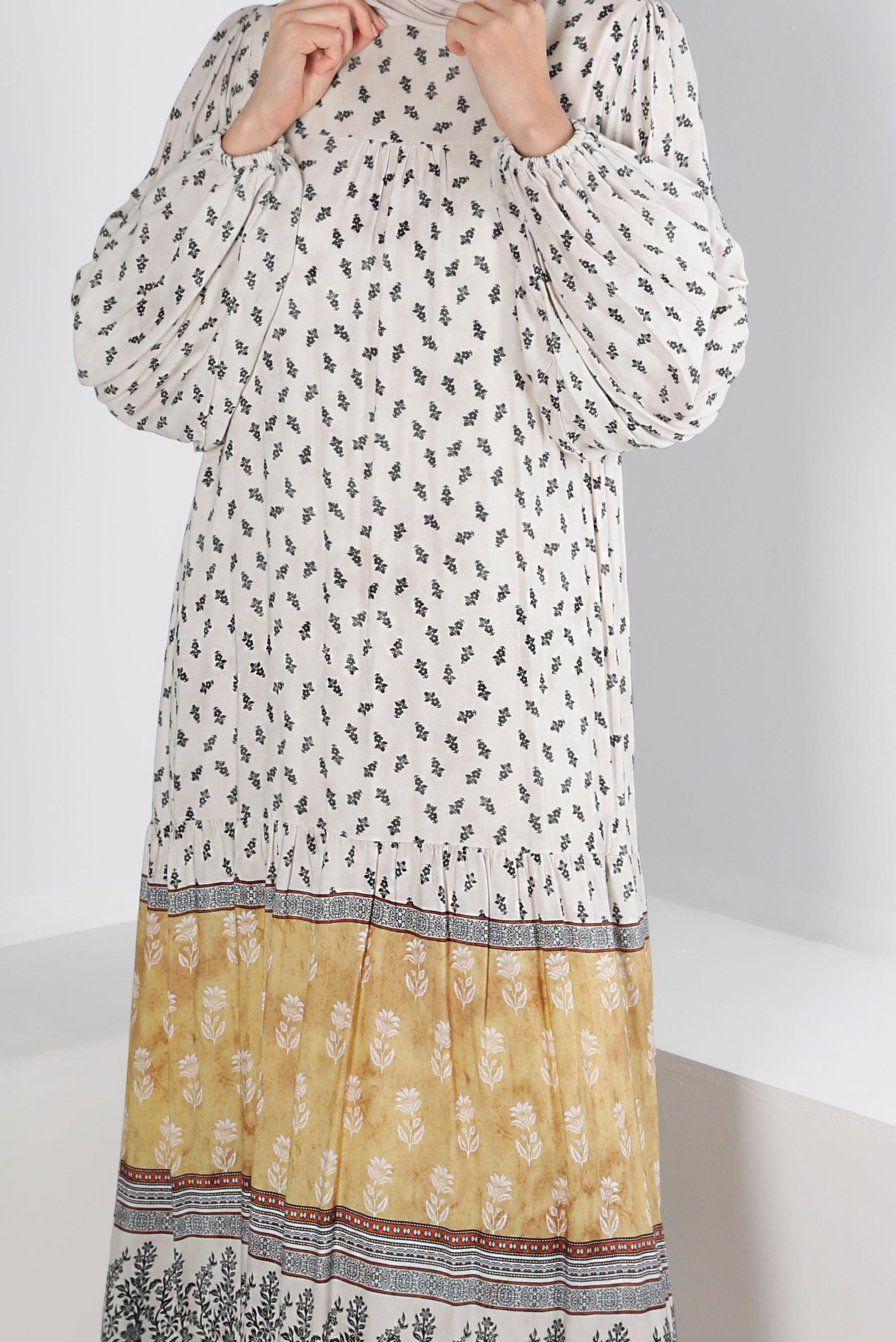 Tesettür giyim SARI ETNİK DESENLİ ELBİSE 42644 