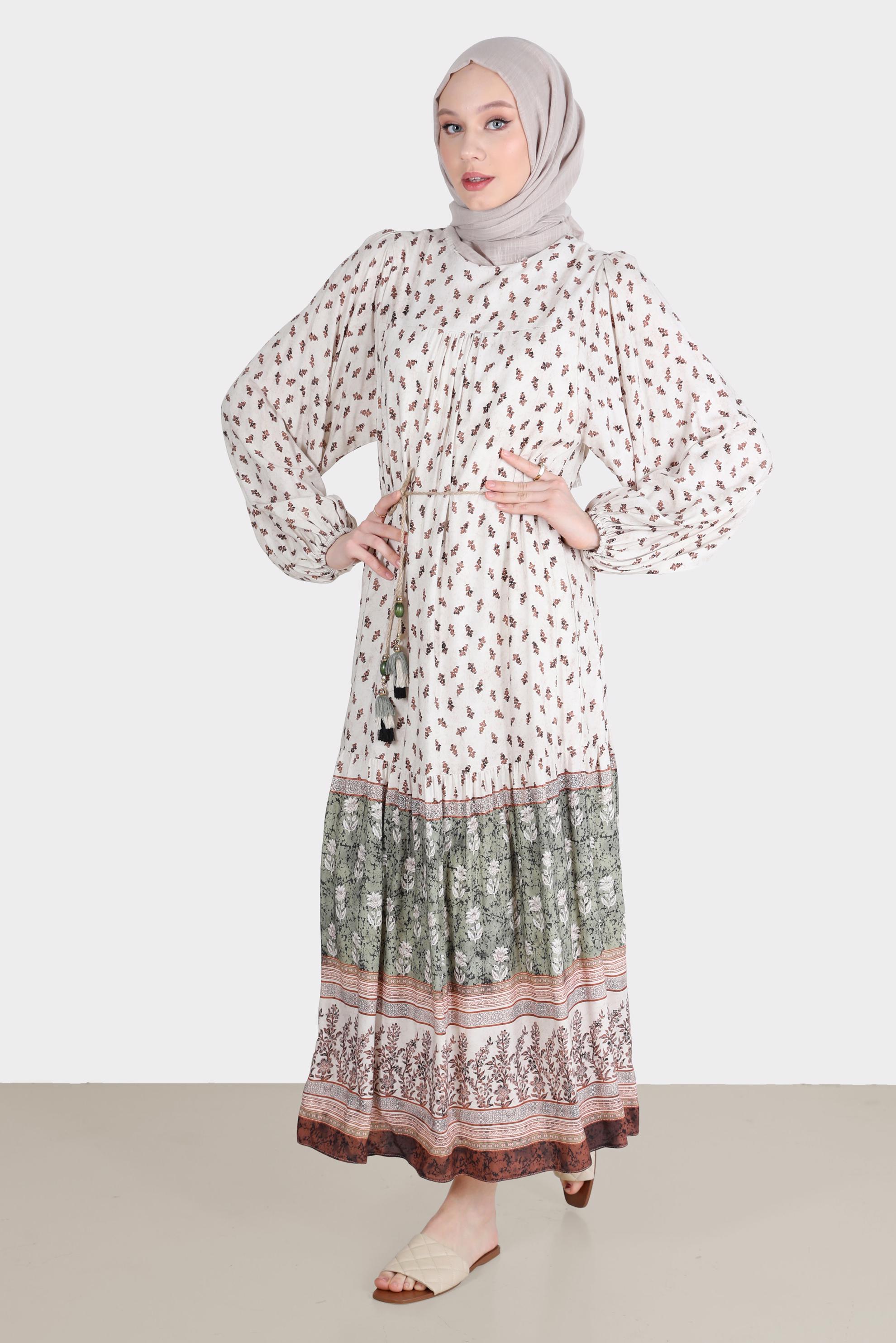 Tesettür giyim HAKİ ETNİK DESENLİ ELBİSE 42644 