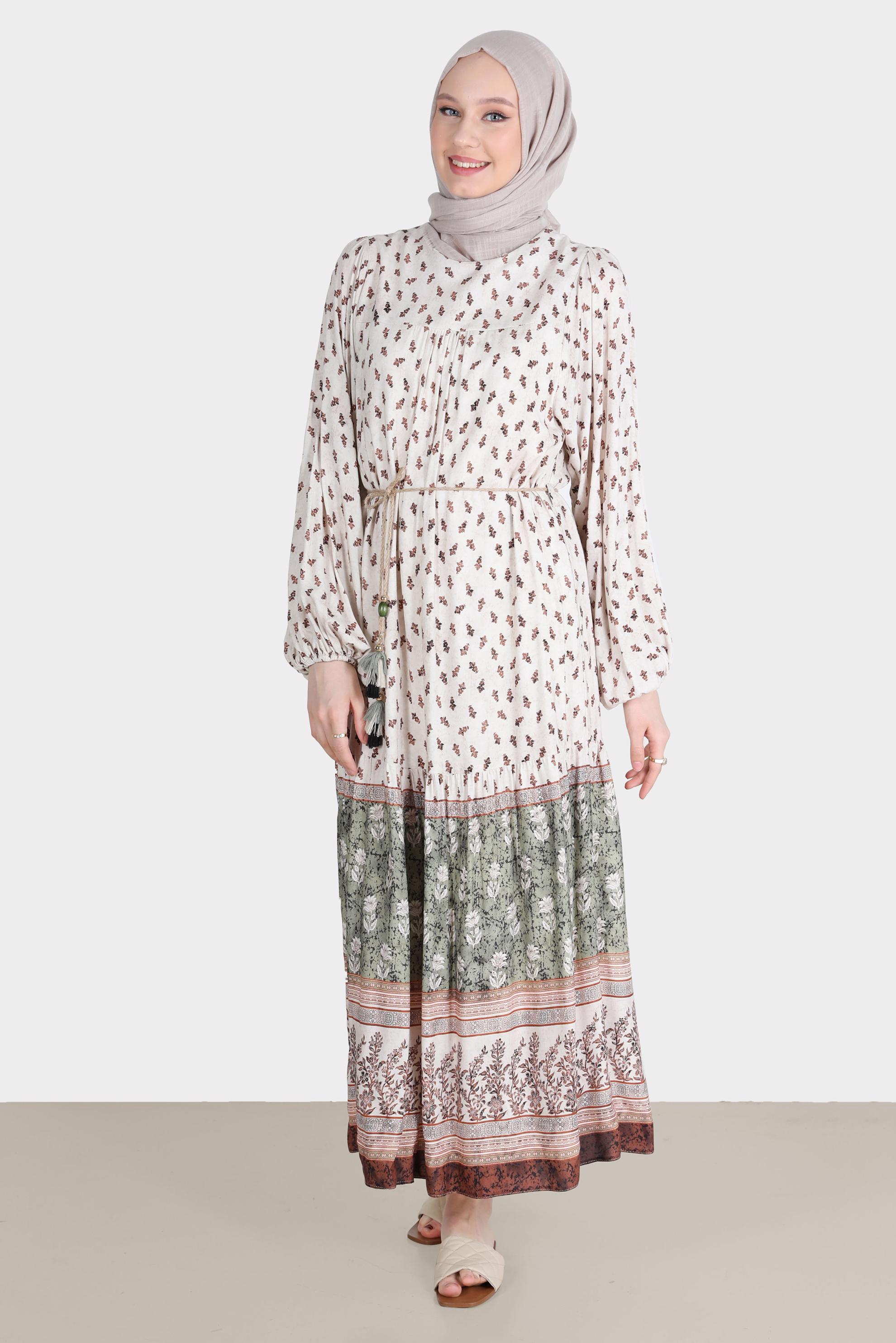 Tesettür giyim HAKİ ETNİK DESENLİ ELBİSE 42644 