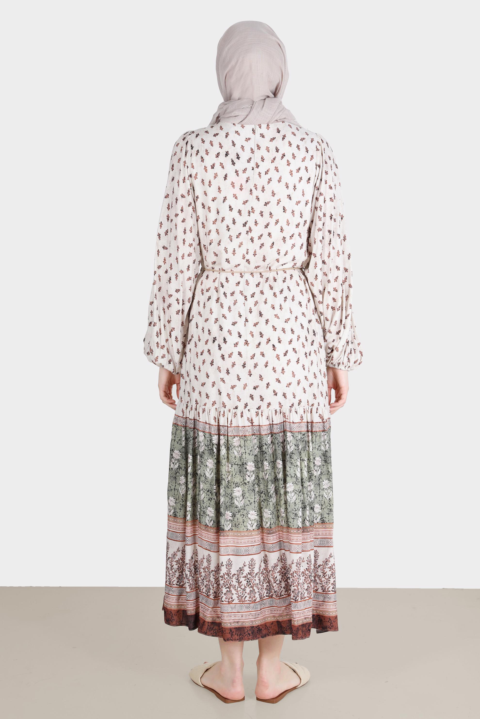 Tesettür giyim HAKİ ETNİK DESENLİ ELBİSE 42644 