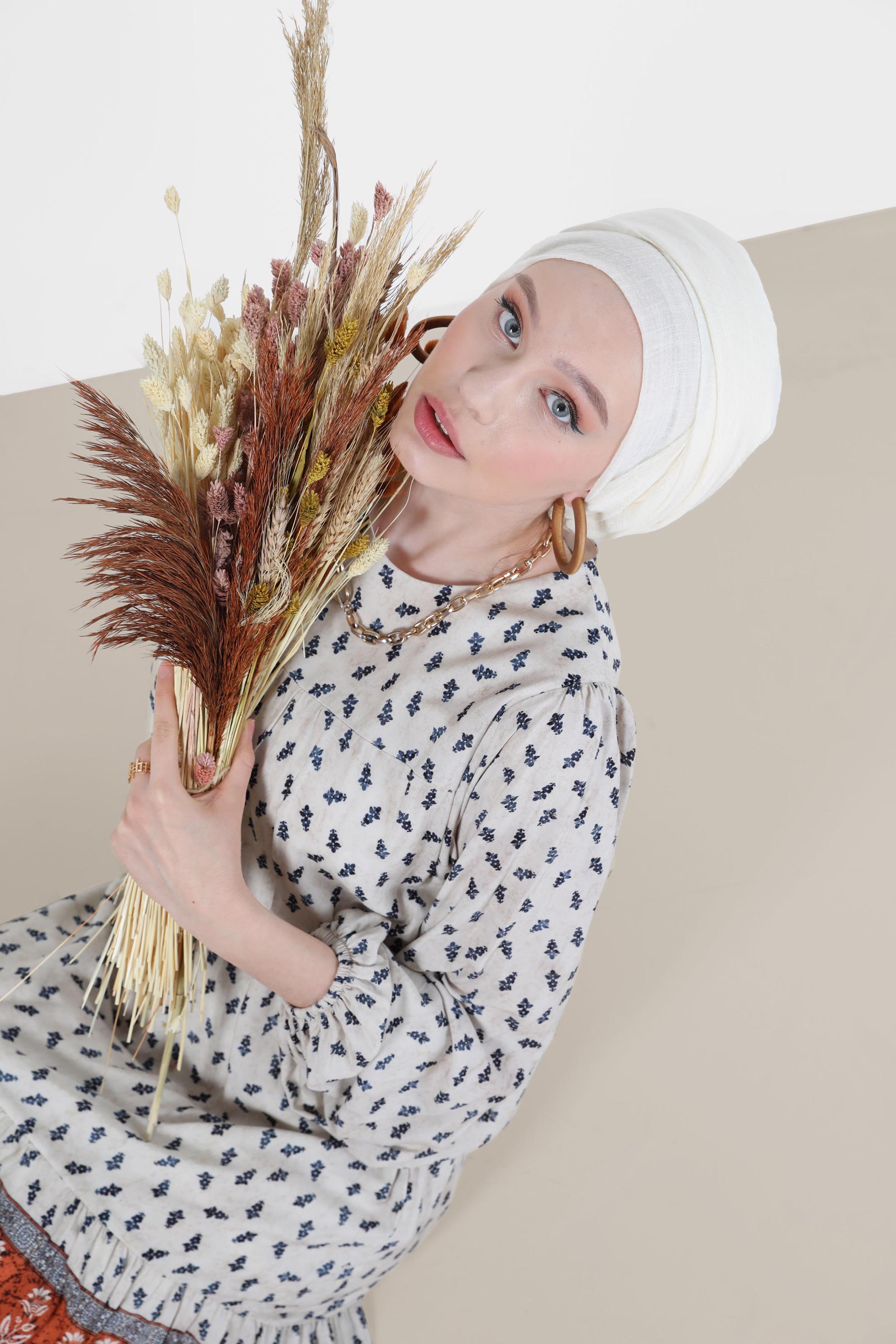 Tesettür giyim TABA ETNİK DESENLİ ELBİSE 42644 