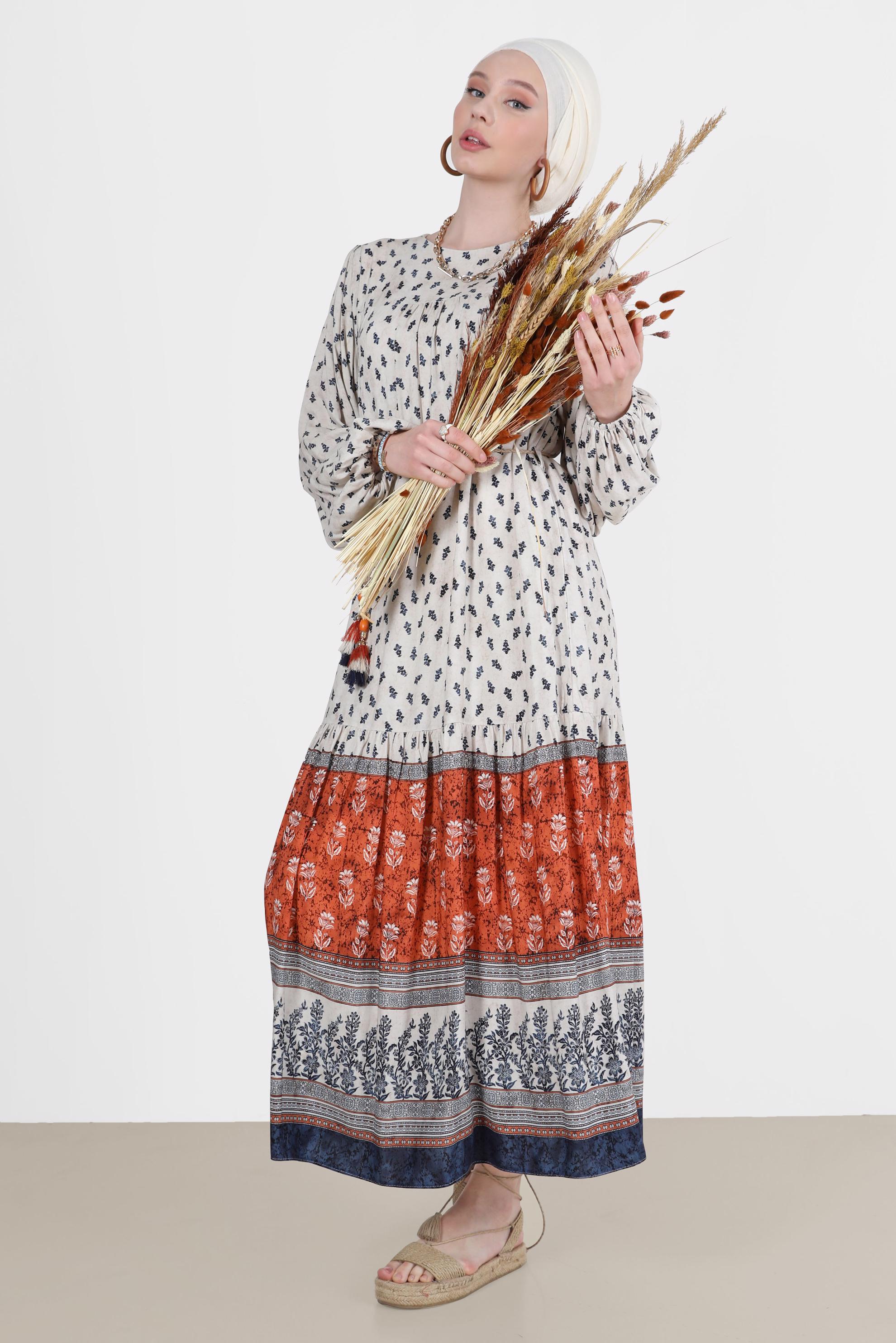 Tesettür giyim TABA ETNİK DESENLİ ELBİSE 42644 