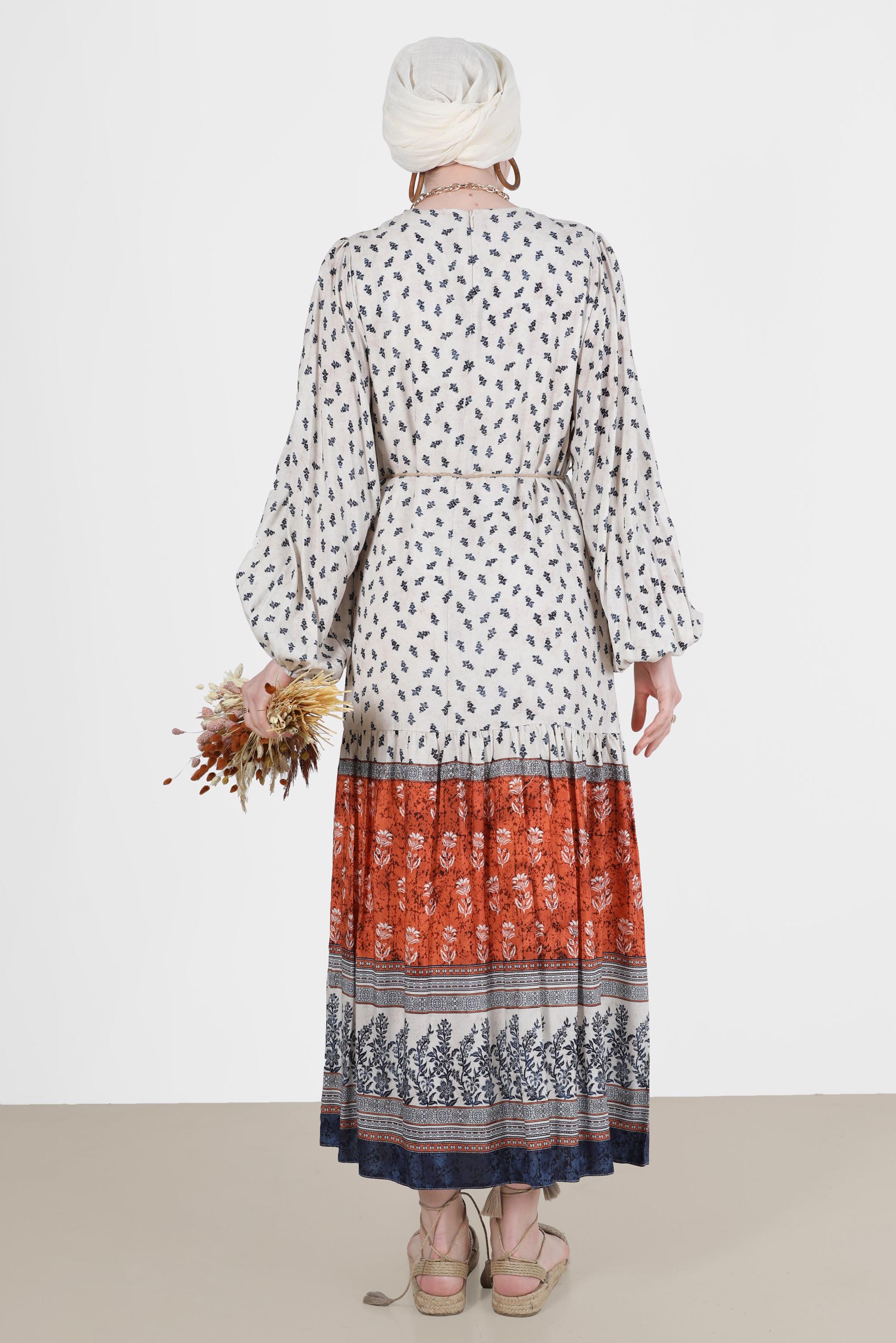 Tesettür giyim TABA ETNİK DESENLİ ELBİSE 42644 