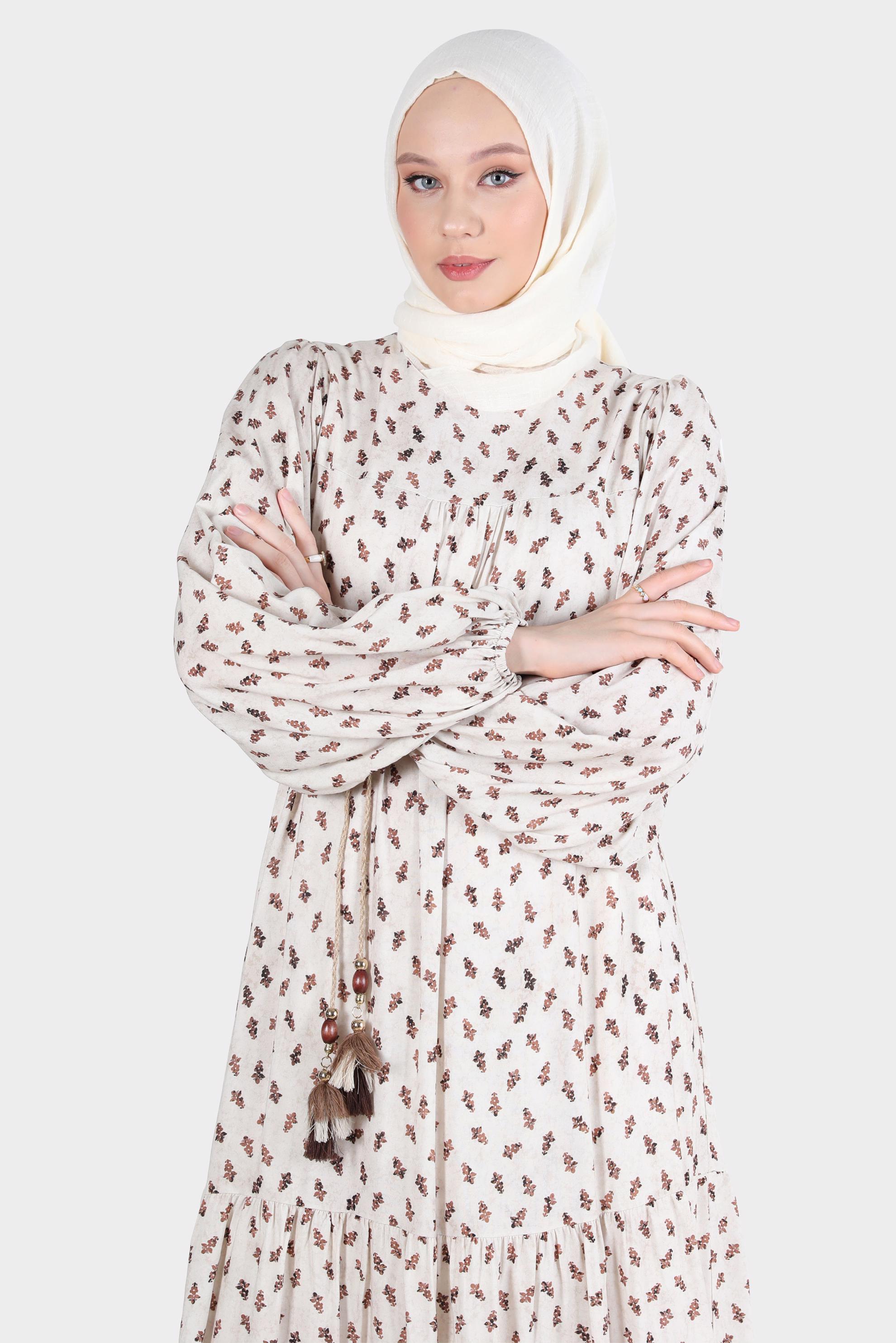Tesettür giyim TABA DESENLİ ELBİSE 42644-1 