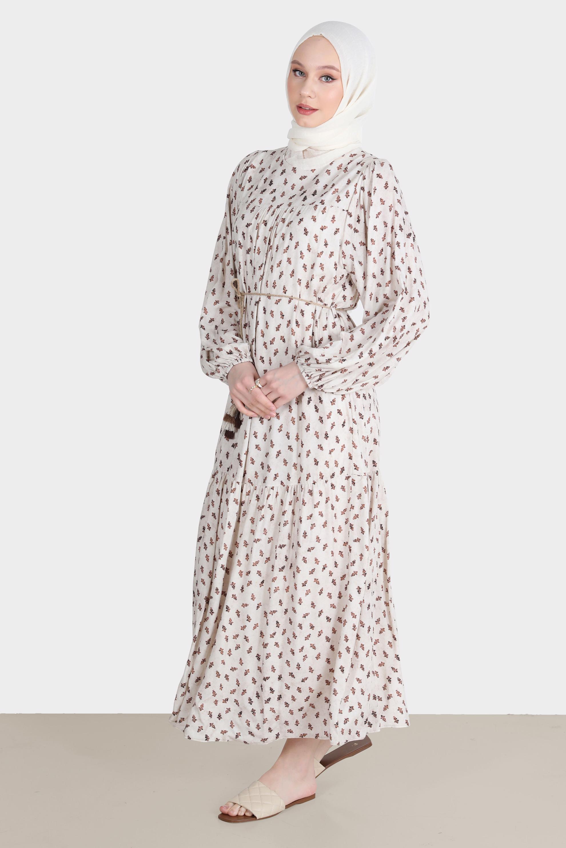 Tesettür giyim TABA DESENLİ ELBİSE 42644-1 