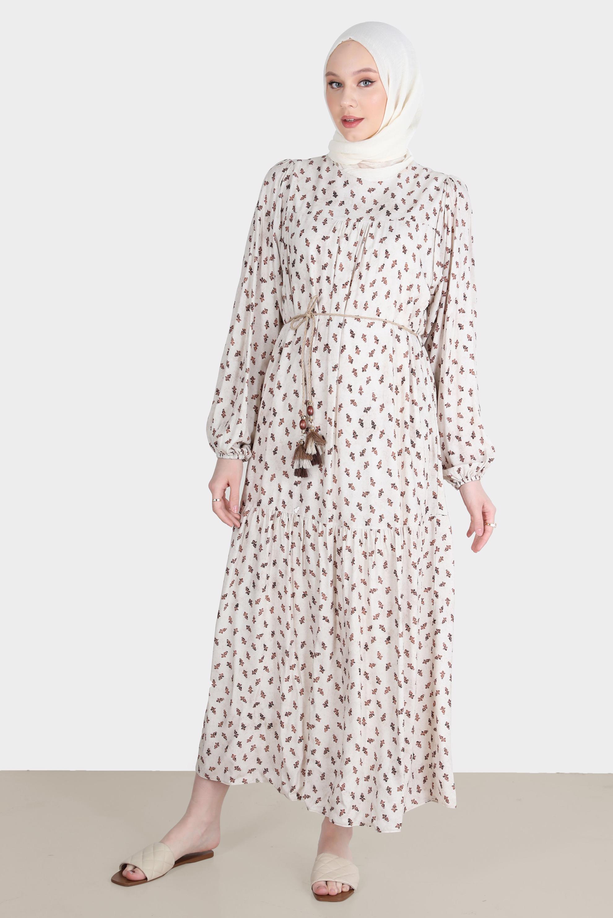 Tesettür giyim TABA DESENLİ ELBİSE 42644-1 