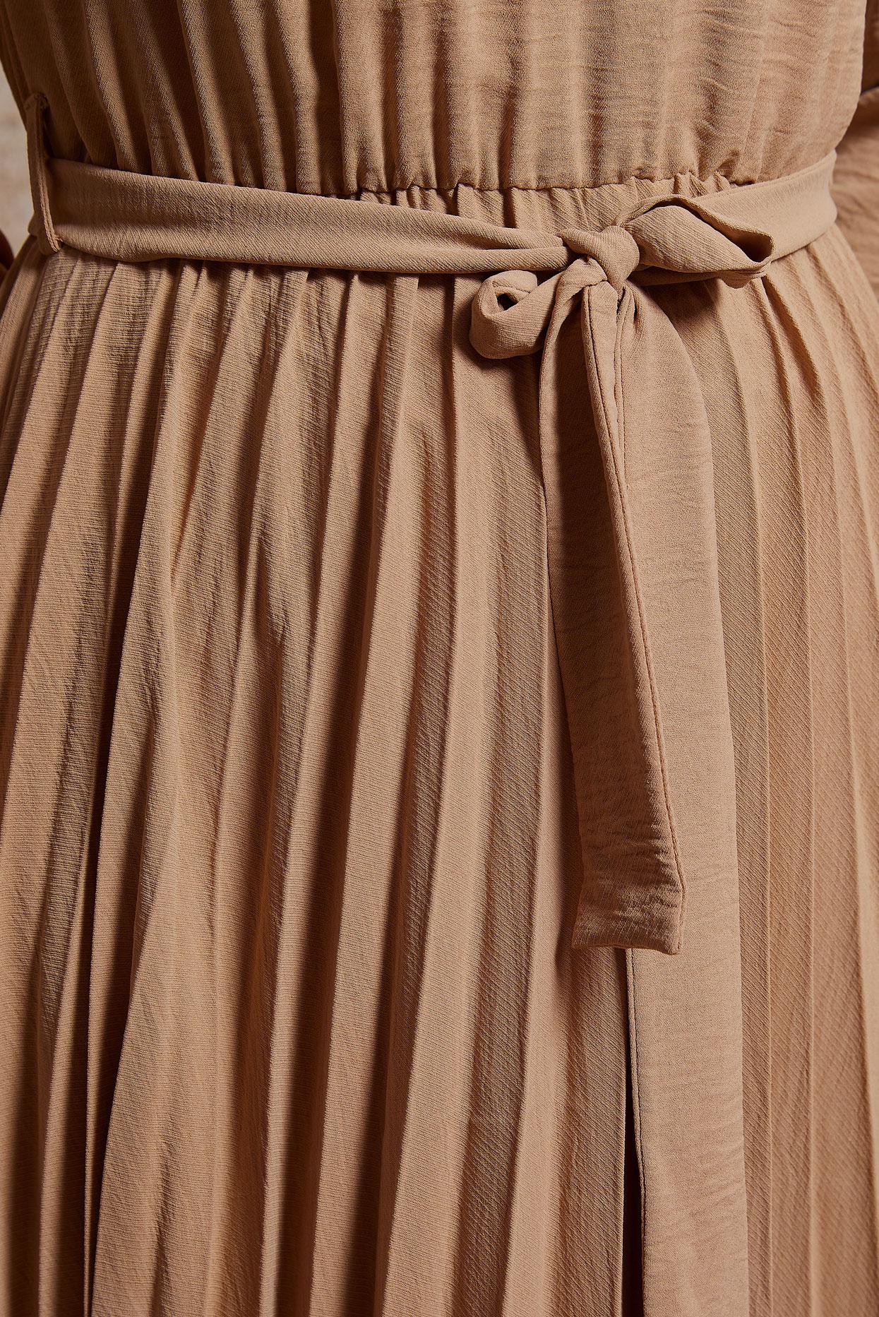 Tesettür giyim KAHVE ETEĞİ PİLELİ KUŞAKLI ELBİSE 42647 