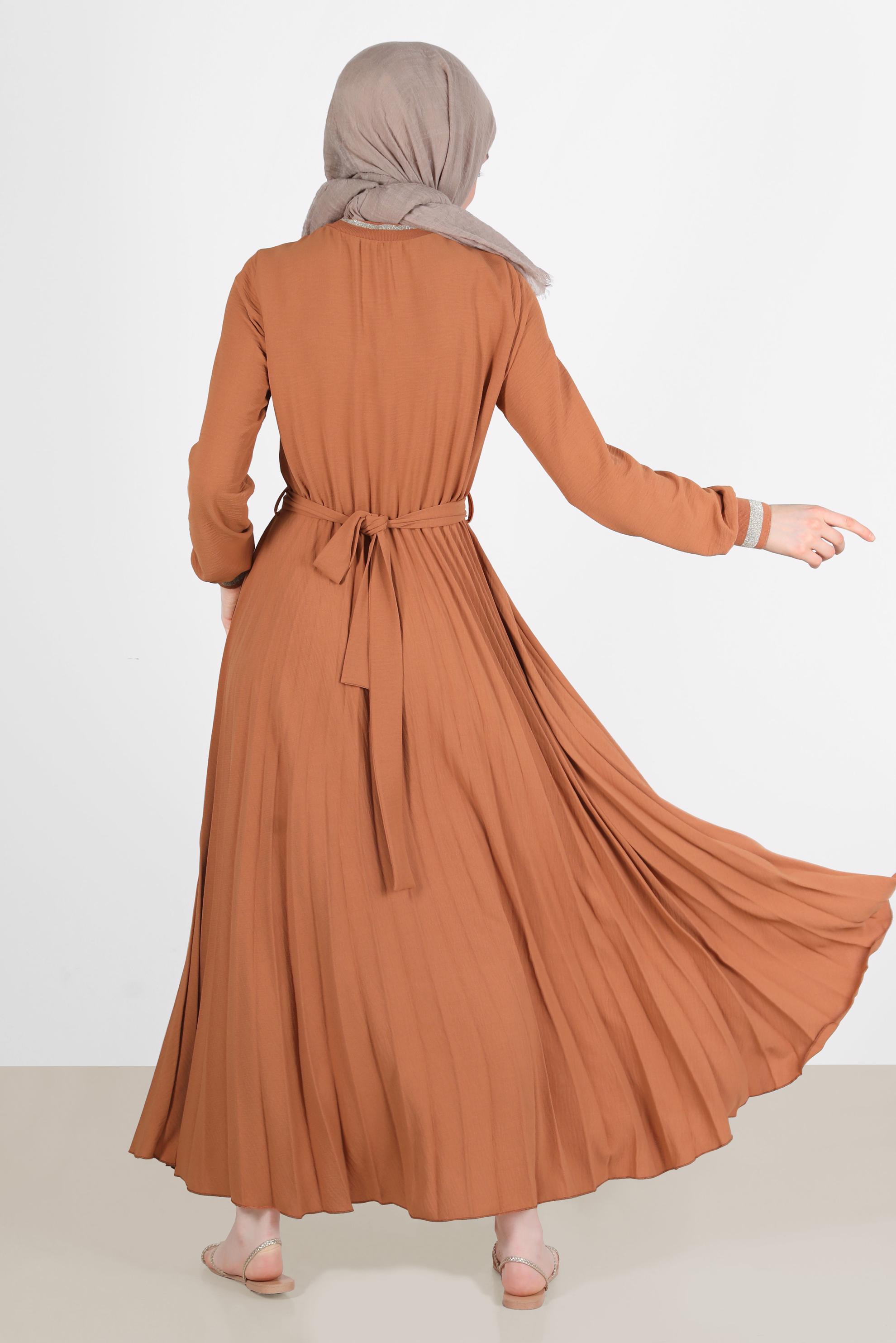 Tesettür giyim TABA ETEĞİ PİLELİ KUŞAKLI ELBİSE 42647 