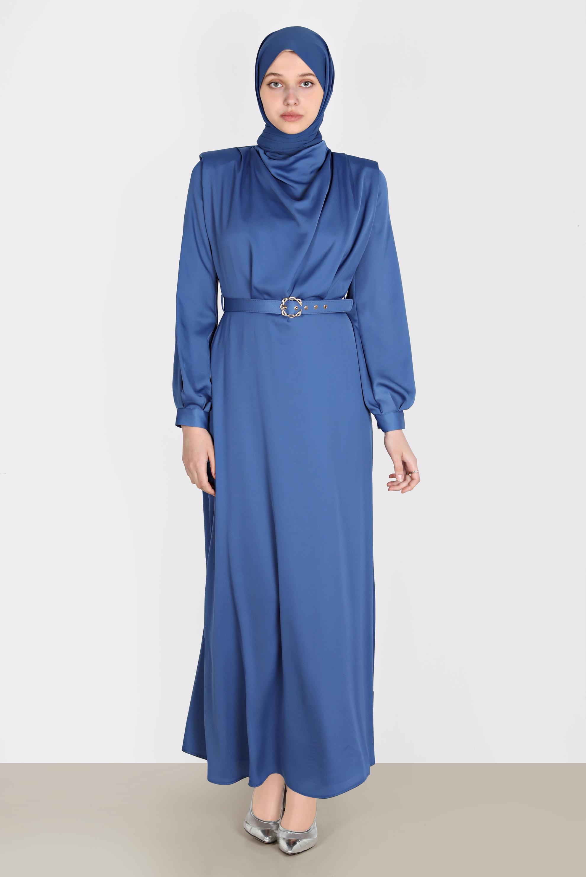 Tesettür giyim LACİVERT DÖKÜMLÜ YAKA KEMERLİ SATEN ELBİSE 42648