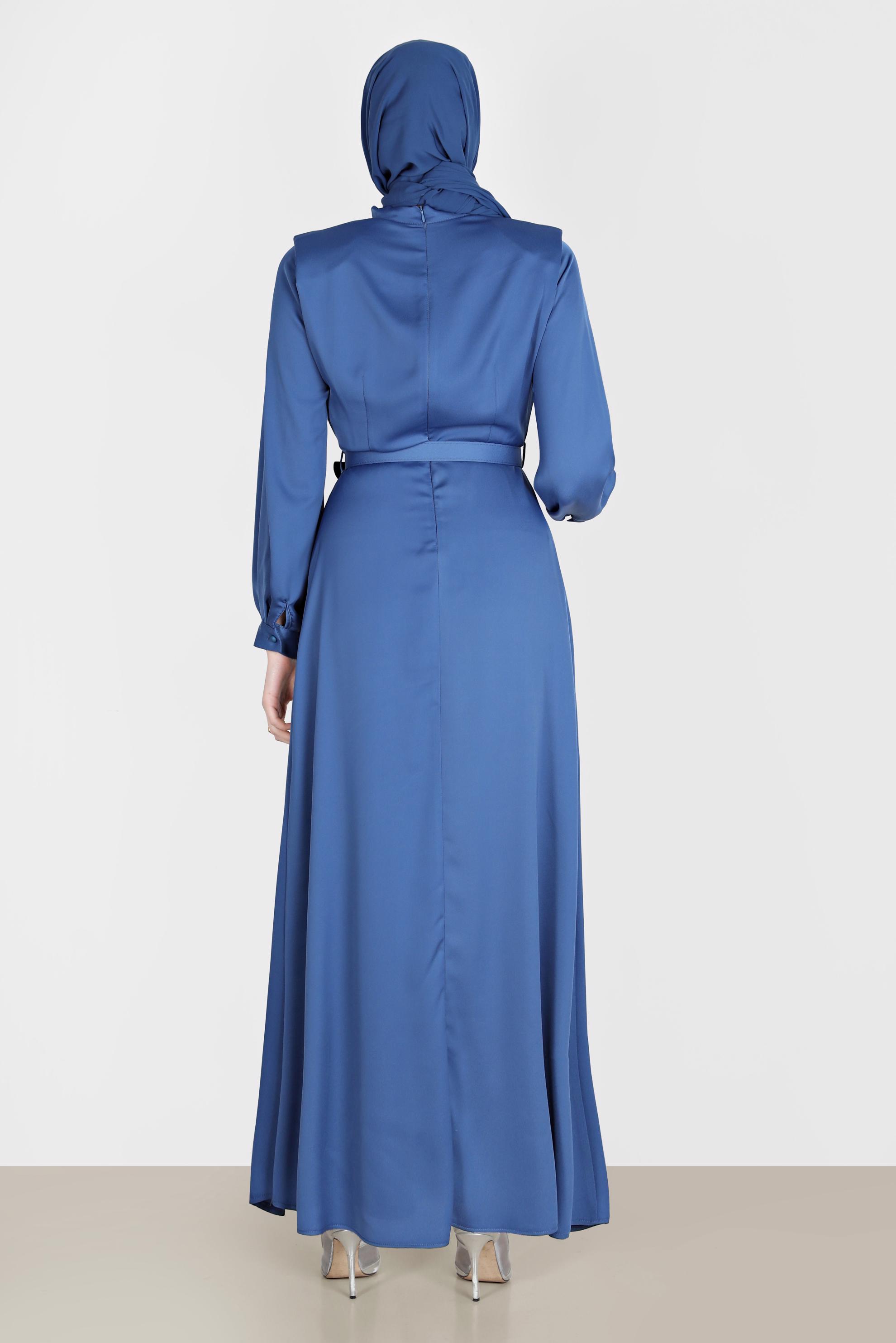 Tesettür giyim LACİVERT DÖKÜMLÜ YAKA KEMERLİ SATEN ELBİSE 42648