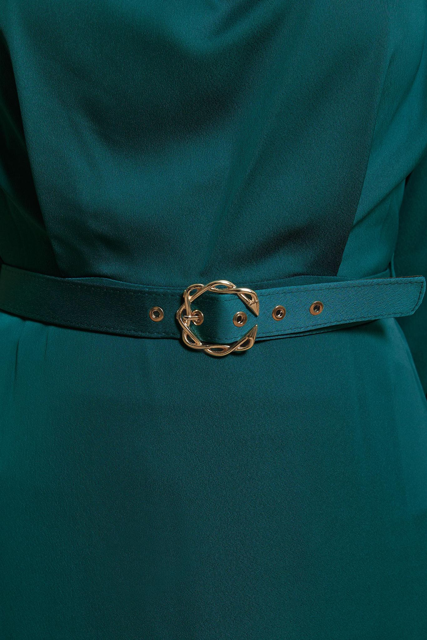 Tesettür giyim YEŞİL DÖKÜMLÜ YAKA KEMERLİ SATEN ELBİSE 42648