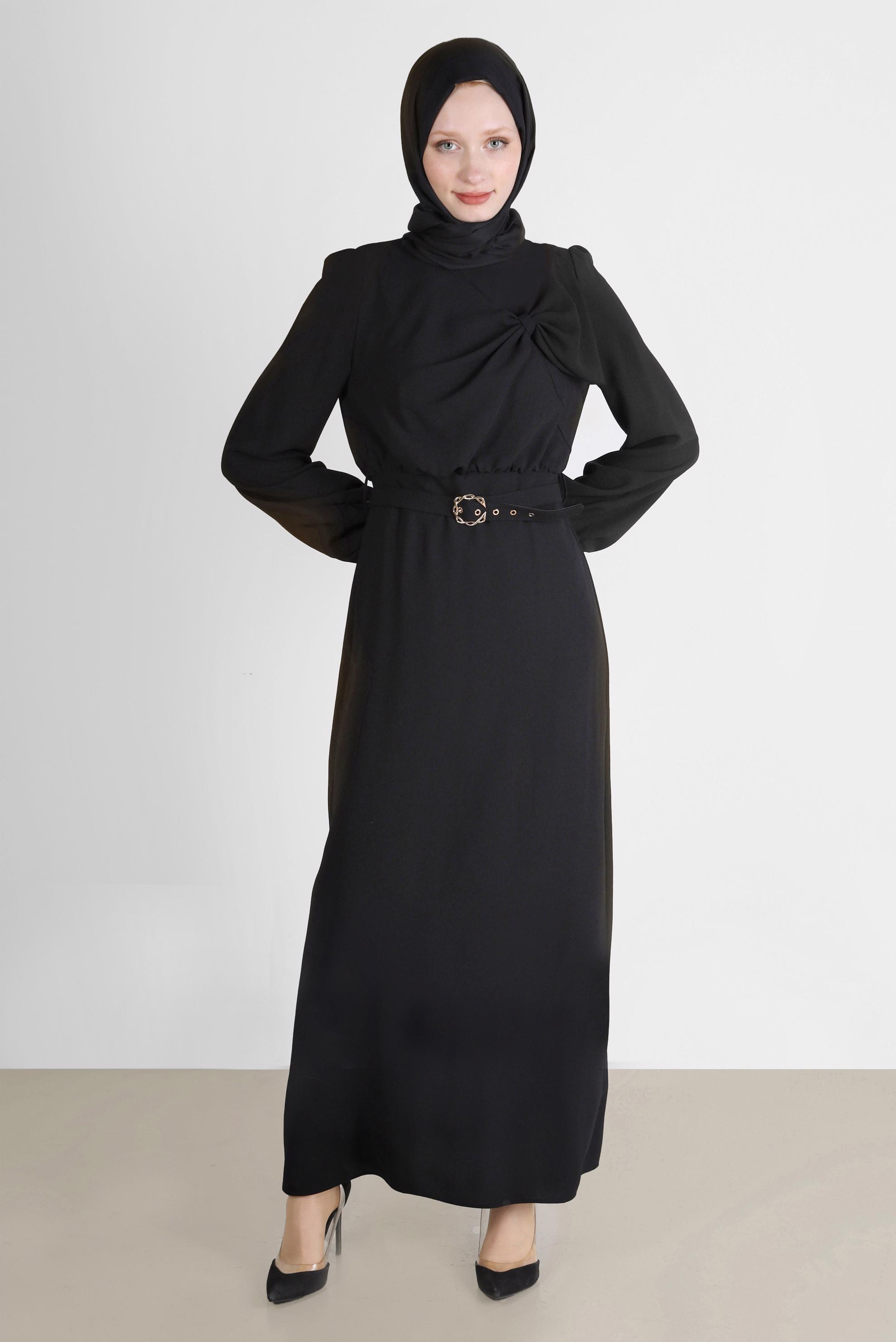 Tesettür giyim SİYAH FİYONK DETAYLI KEMERLİ ELBİSE 42649 