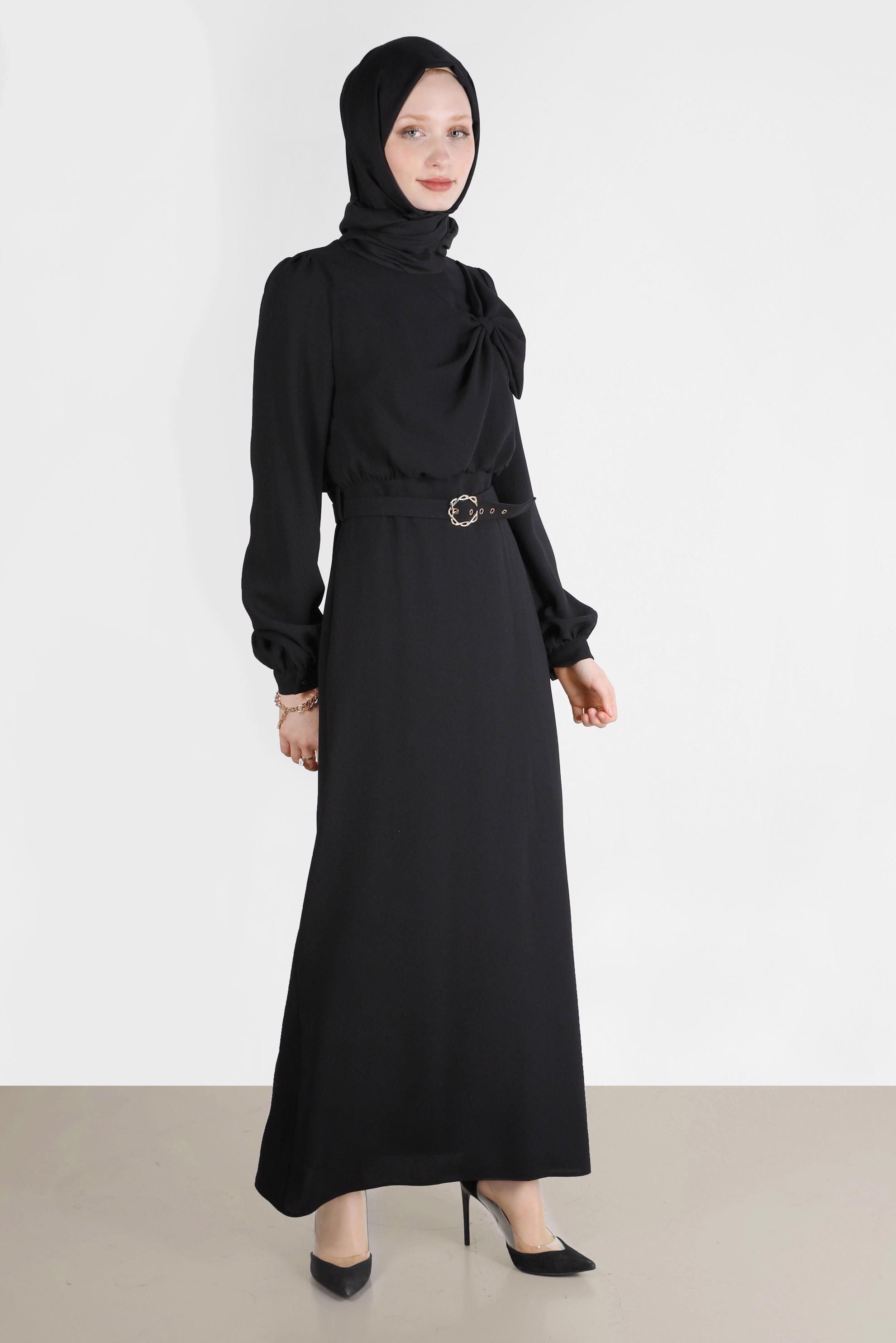 Tesettür giyim SİYAH FİYONK DETAYLI KEMERLİ ELBİSE 42649 