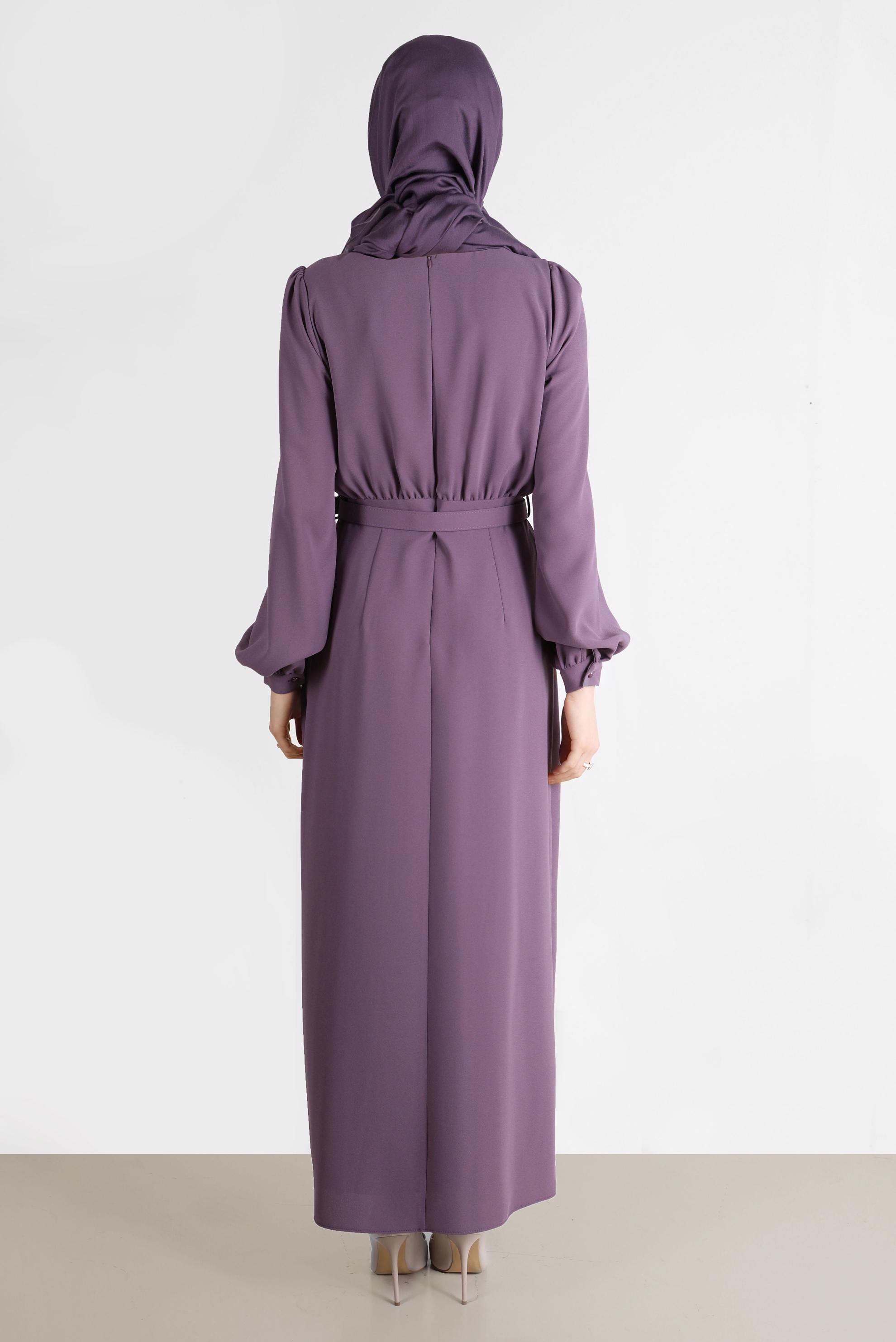 Tesettür giyim MOR FİYONK DETAYLI KEMERLİ ELBİSE 42649 