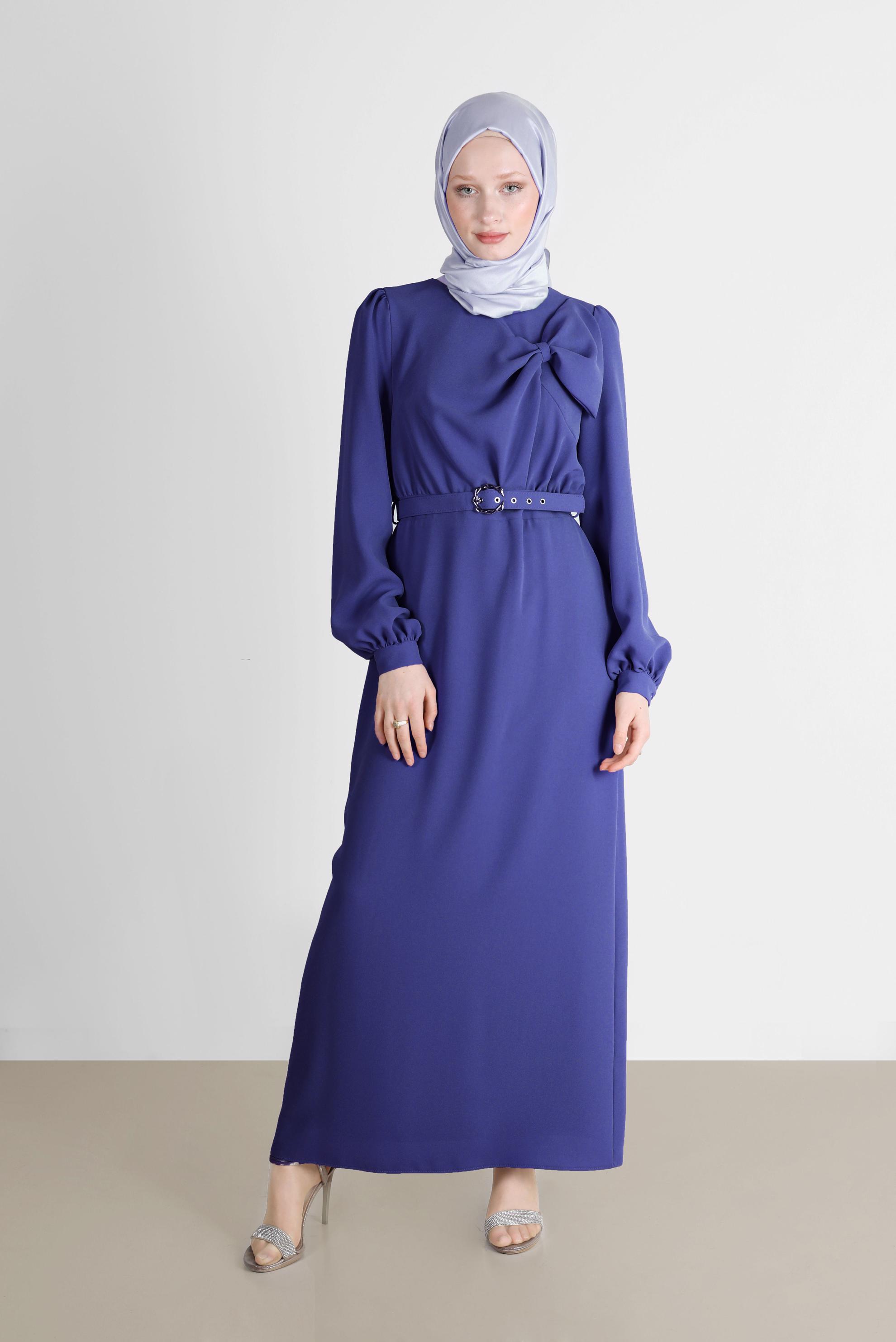Tesettür giyim LACİVERT FİYONK DETAYLI KEMERLİ ELBİSE 42649 