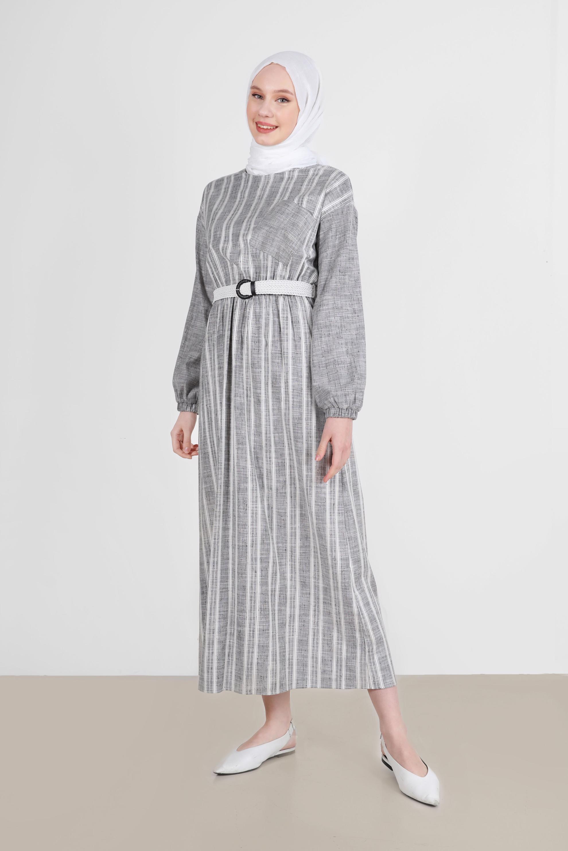 Tesettür giyim SİYAH CEP DETAYLI ŞERİTLİ ELBİSE 42688 