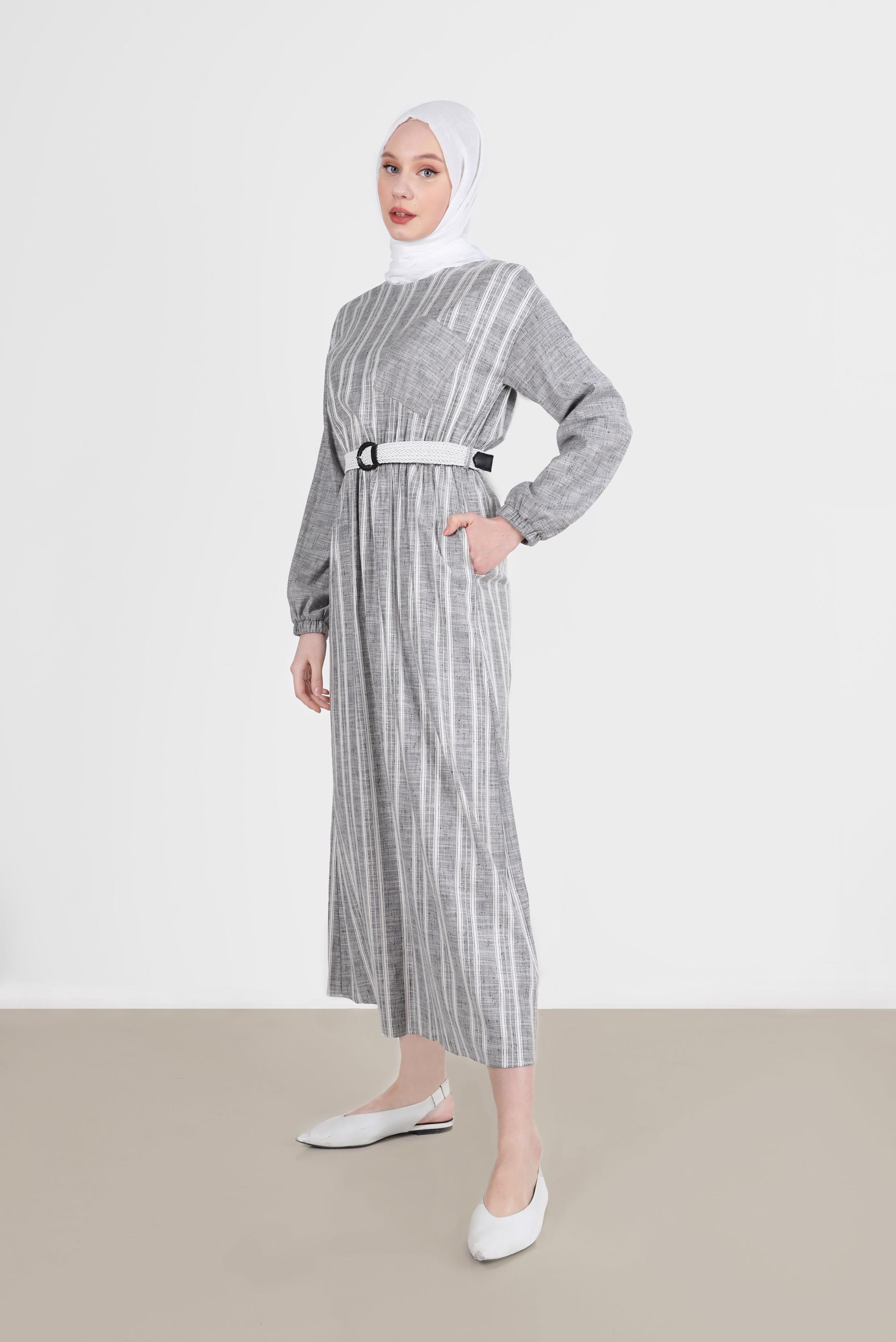 Tesettür giyim SİYAH CEP DETAYLI ŞERİTLİ ELBİSE 42688 