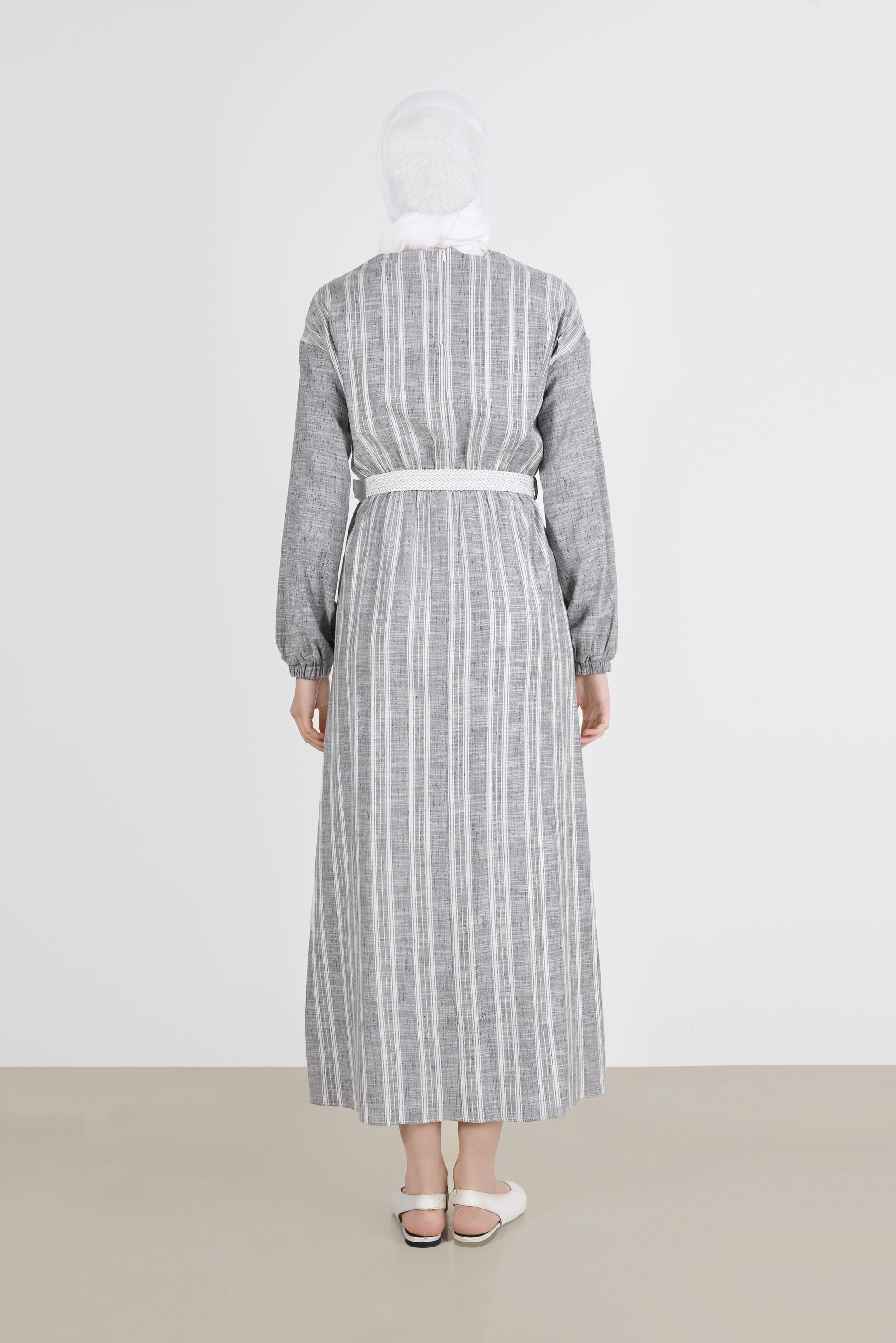 Tesettür giyim SİYAH CEP DETAYLI ŞERİTLİ ELBİSE 42688 