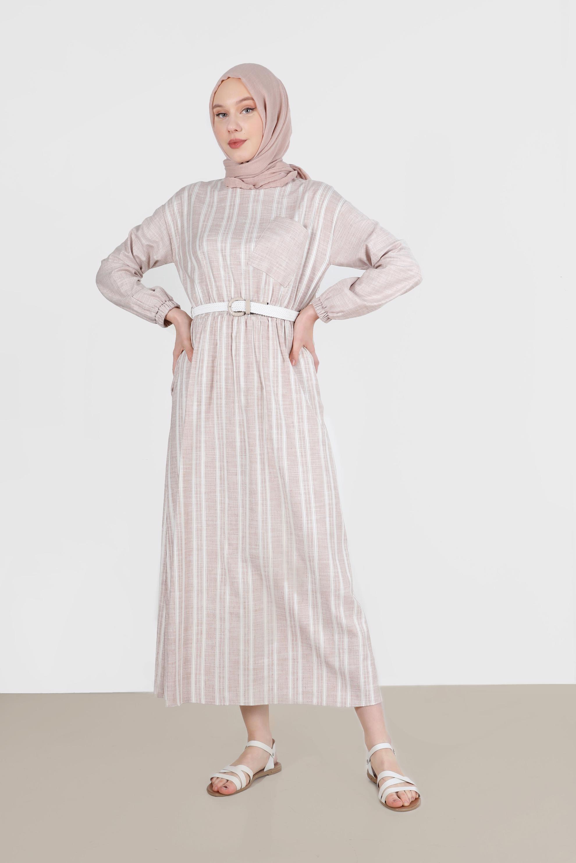 Tesettür giyim KAHVE CEP DETAYLI ŞERİTLİ ELBİSE 42688 