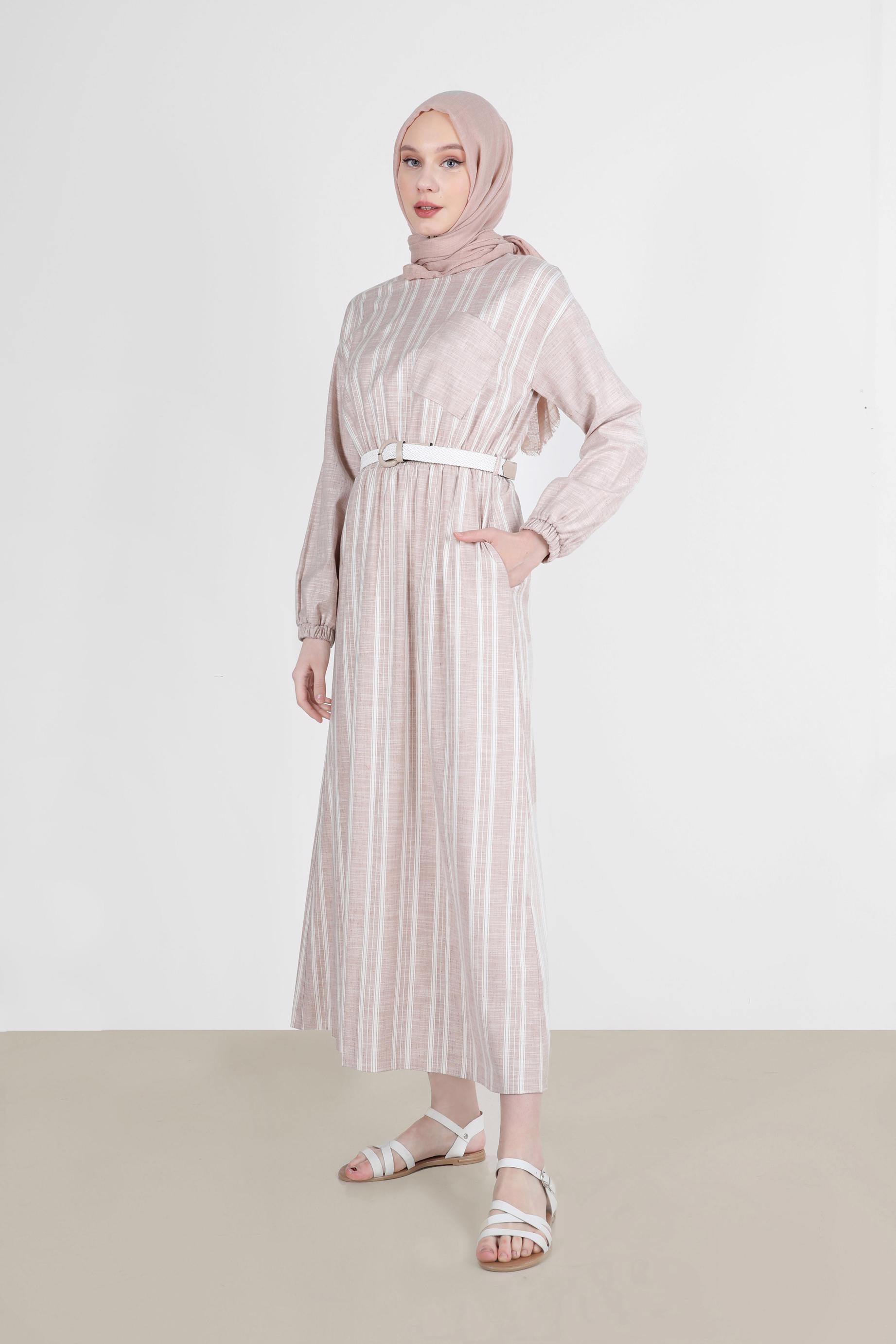 Tesettür giyim KAHVE CEP DETAYLI ŞERİTLİ ELBİSE 42688 