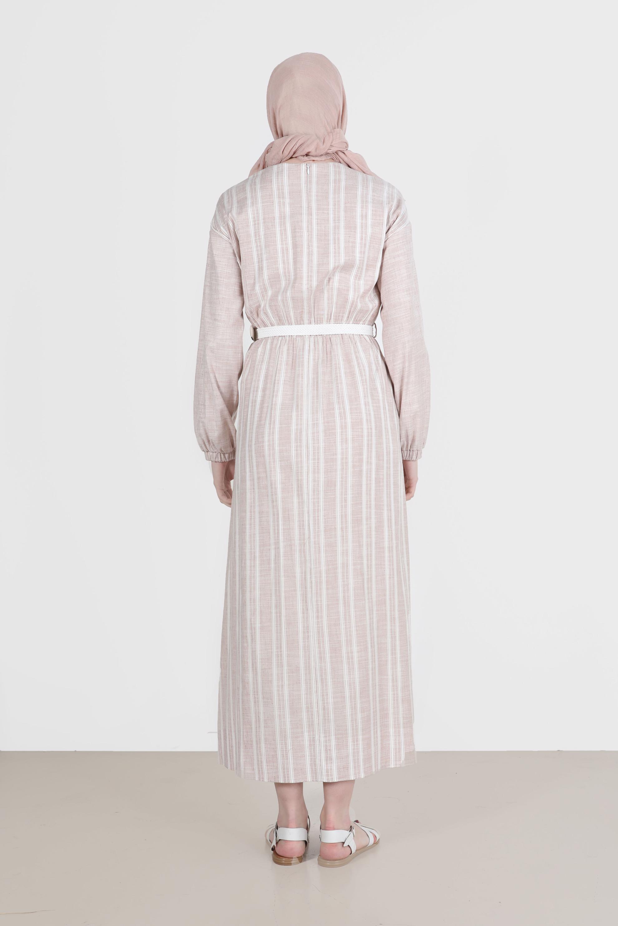 Tesettür giyim KAHVE CEP DETAYLI ŞERİTLİ ELBİSE 42688 