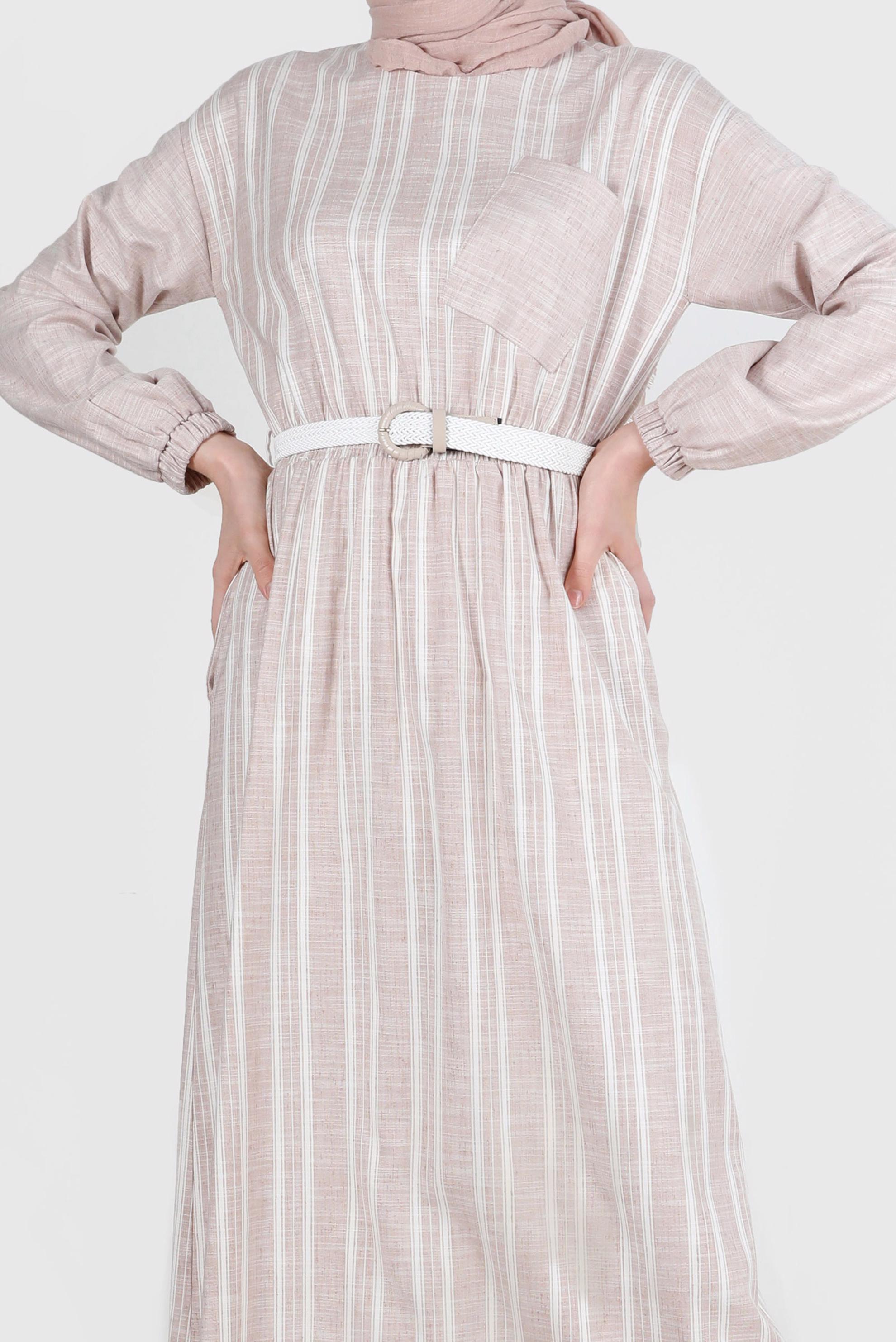 Tesettür giyim KAHVE CEP DETAYLI ŞERİTLİ ELBİSE 42688 