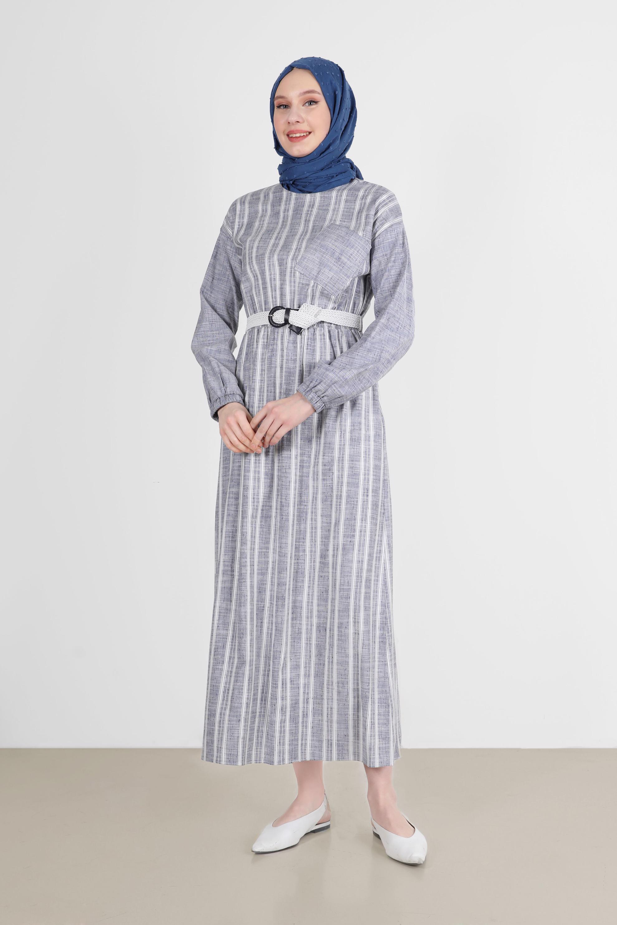 Tesettür giyim LACİVERT CEP DETAYLI ŞERİTLİ ELBİSE 42688 
