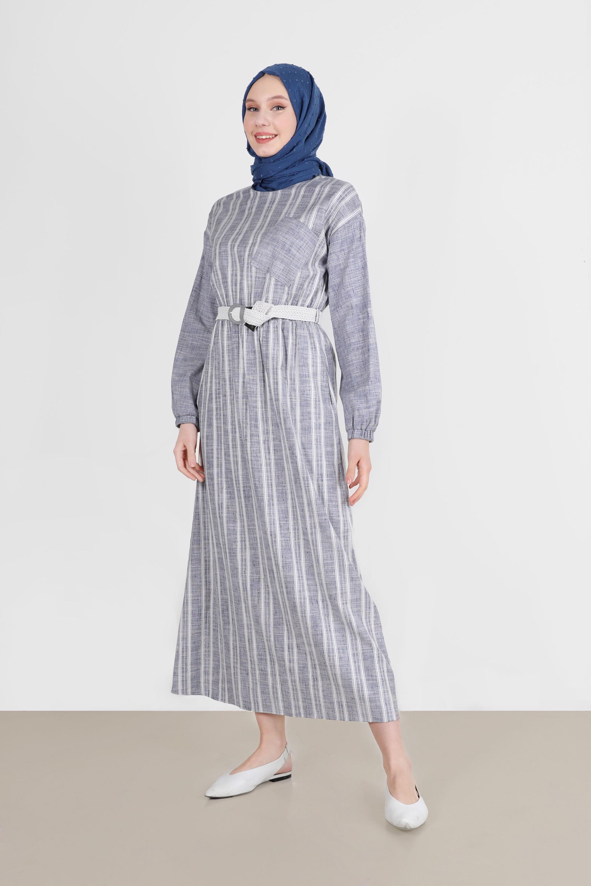 Tesettür giyim LACİVERT CEP DETAYLI ŞERİTLİ ELBİSE 42688 