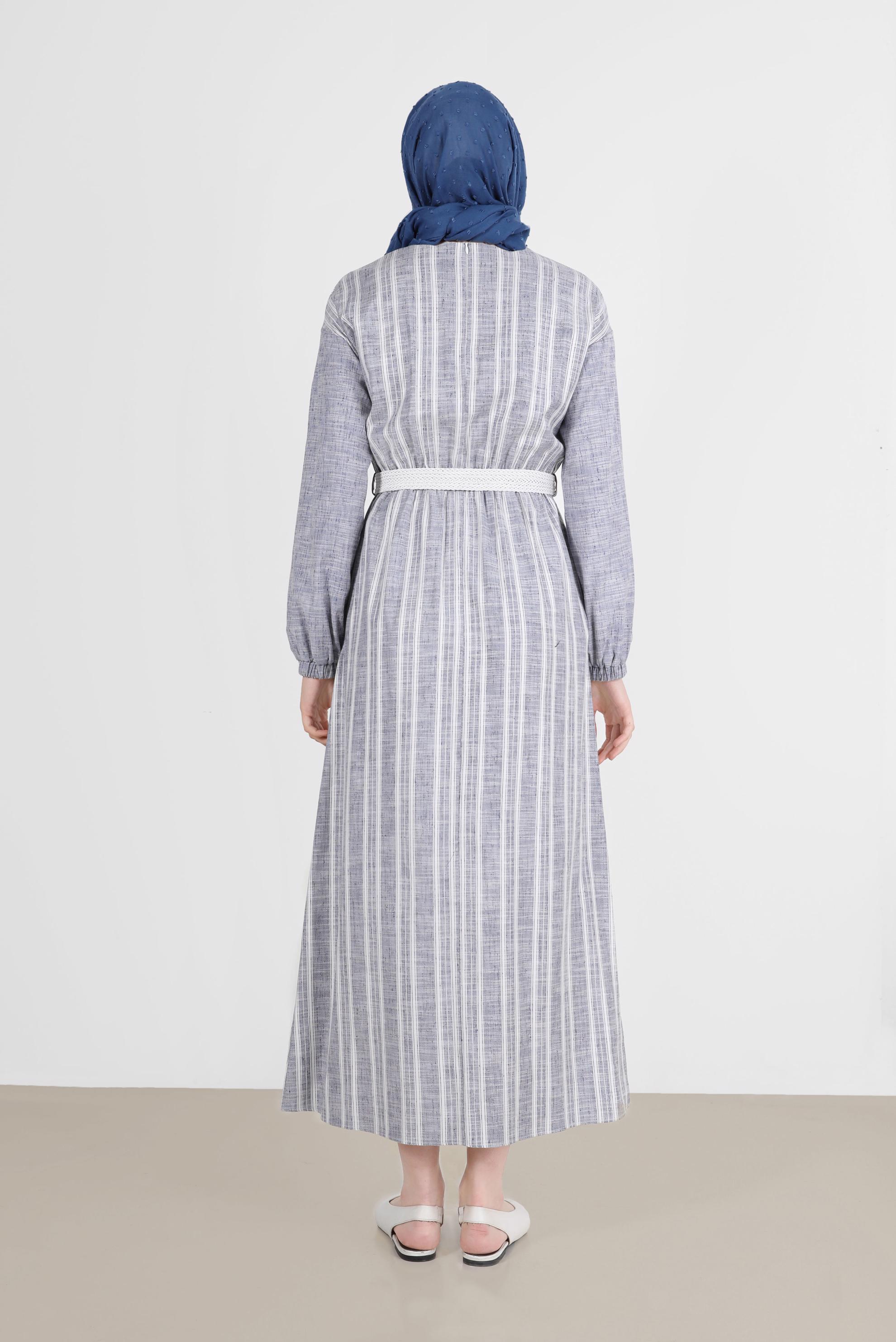 Tesettür giyim LACİVERT CEP DETAYLI ŞERİTLİ ELBİSE 42688 