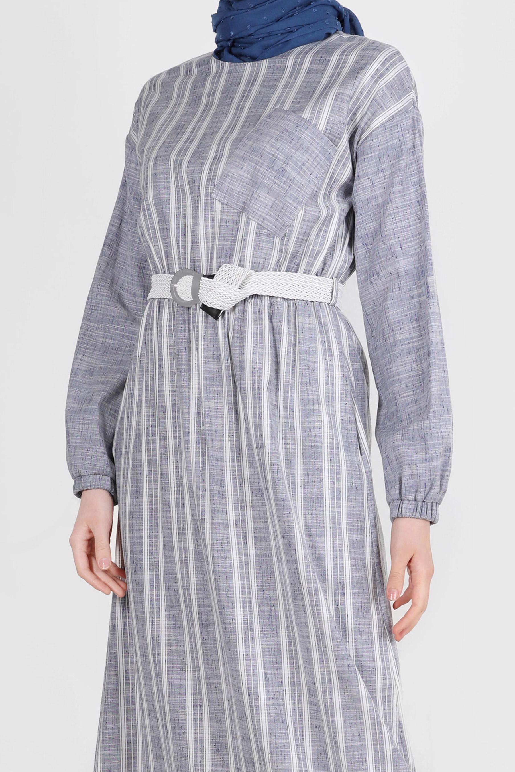 Tesettür giyim LACİVERT CEP DETAYLI ŞERİTLİ ELBİSE 42688 