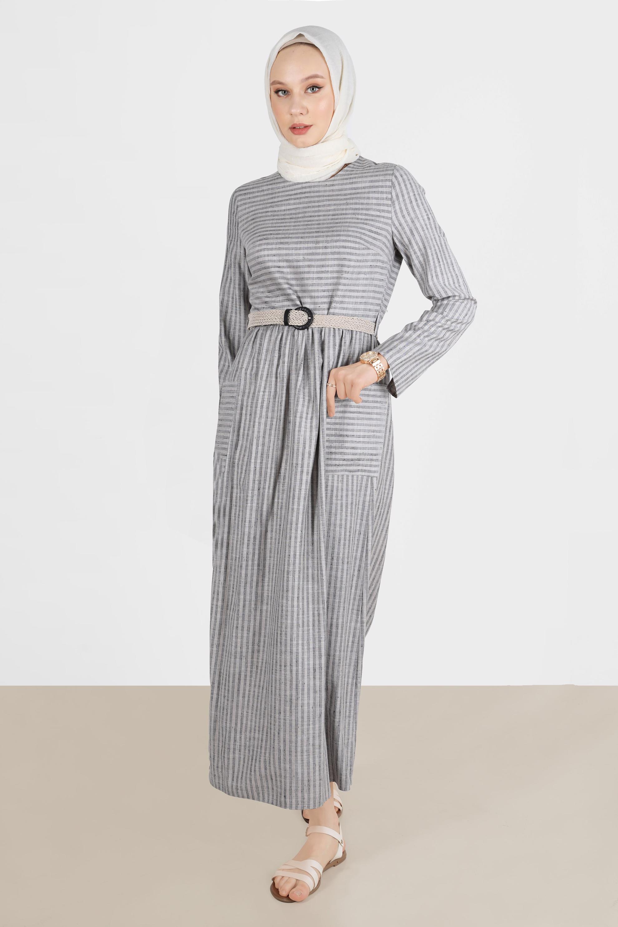 Tesettür giyim SİYAH ÇİZGİLİ CEPLİ ELBİSE 42689 