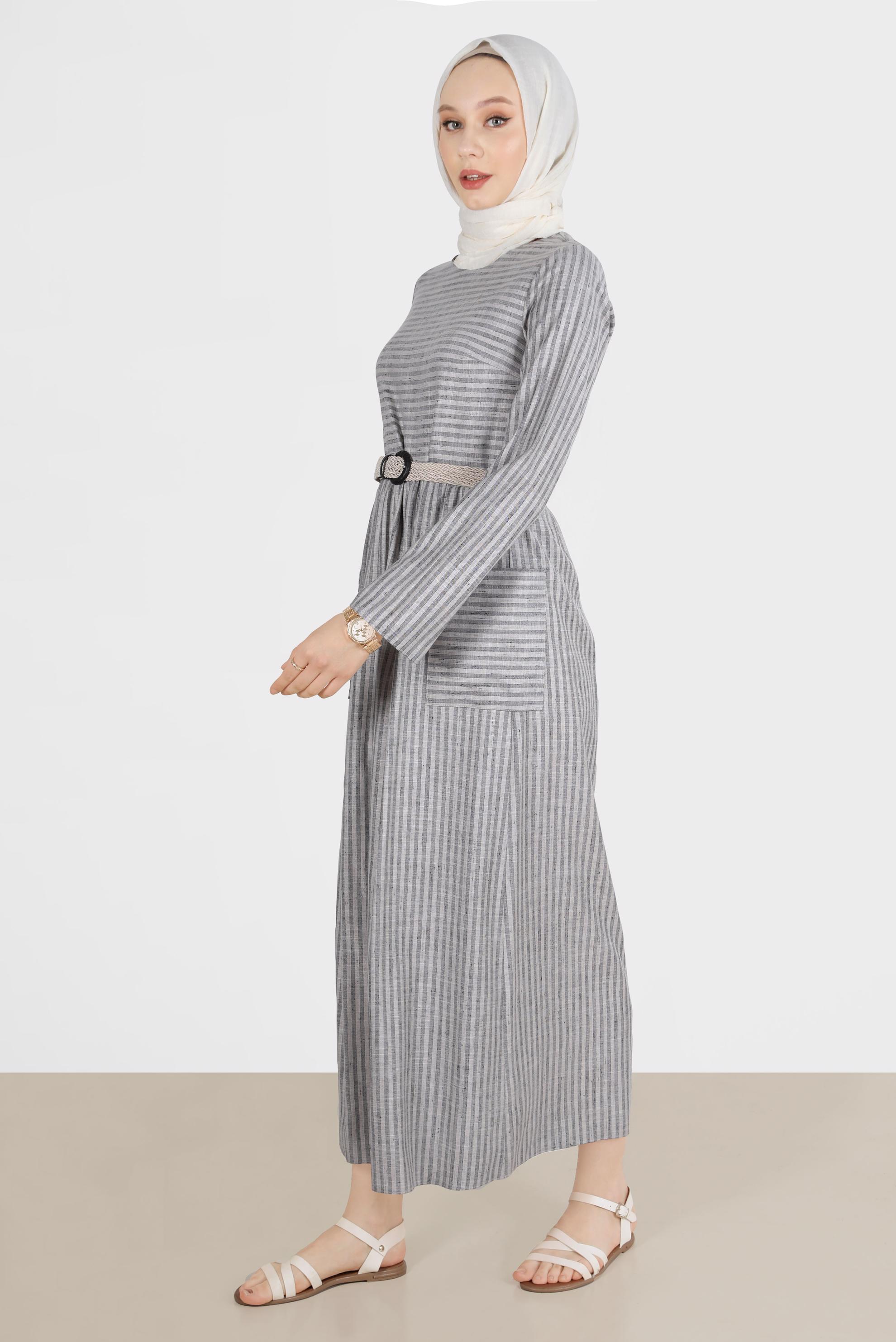 Tesettür giyim SİYAH ÇİZGİLİ CEPLİ ELBİSE 42689 