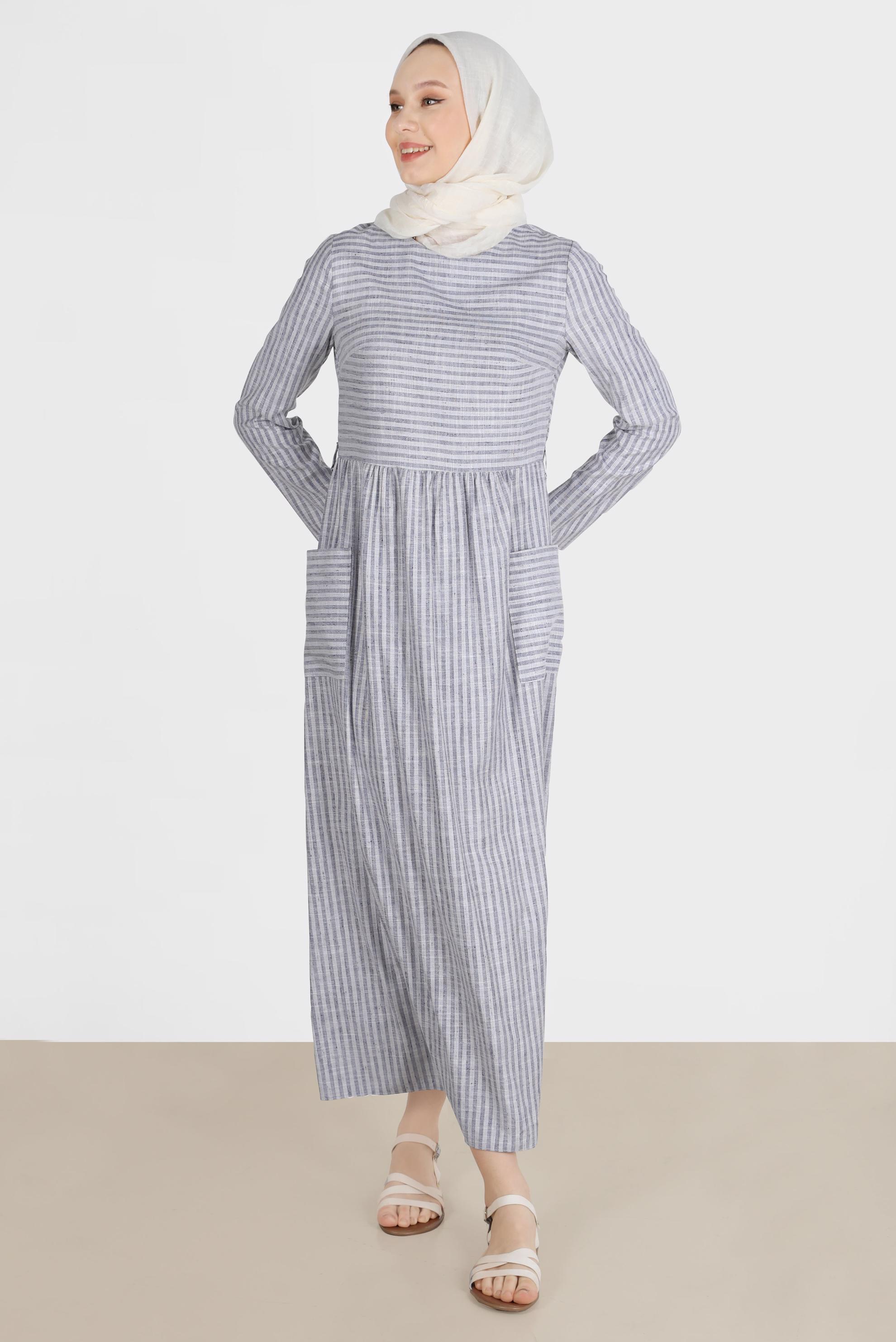 Tesettür giyim LACİVERT ÇİZGİLİ CEPLİ ELBİSE 42689 