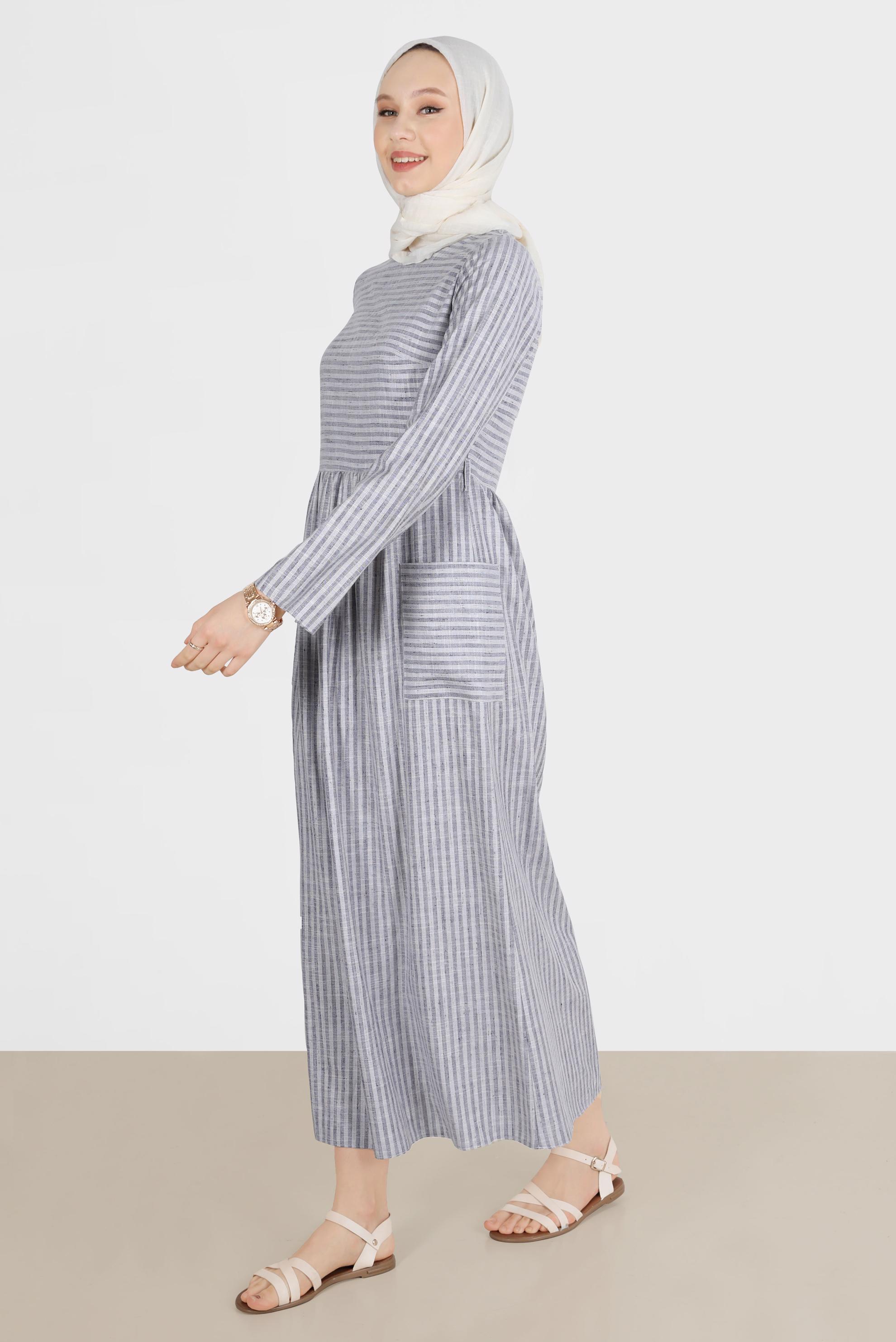 Tesettür giyim LACİVERT ÇİZGİLİ CEPLİ ELBİSE 42689 