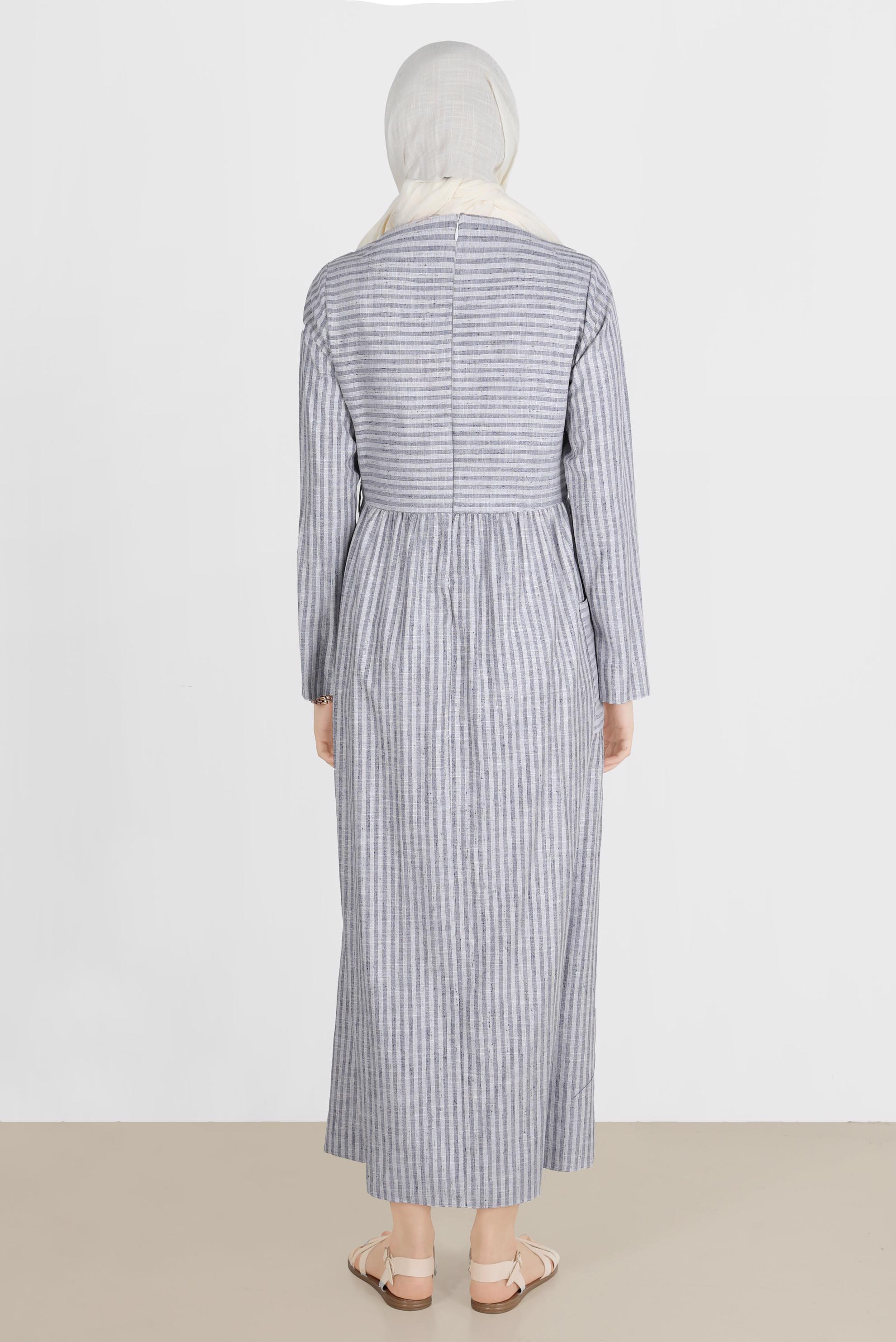 Tesettür giyim LACİVERT ÇİZGİLİ CEPLİ ELBİSE 42689 