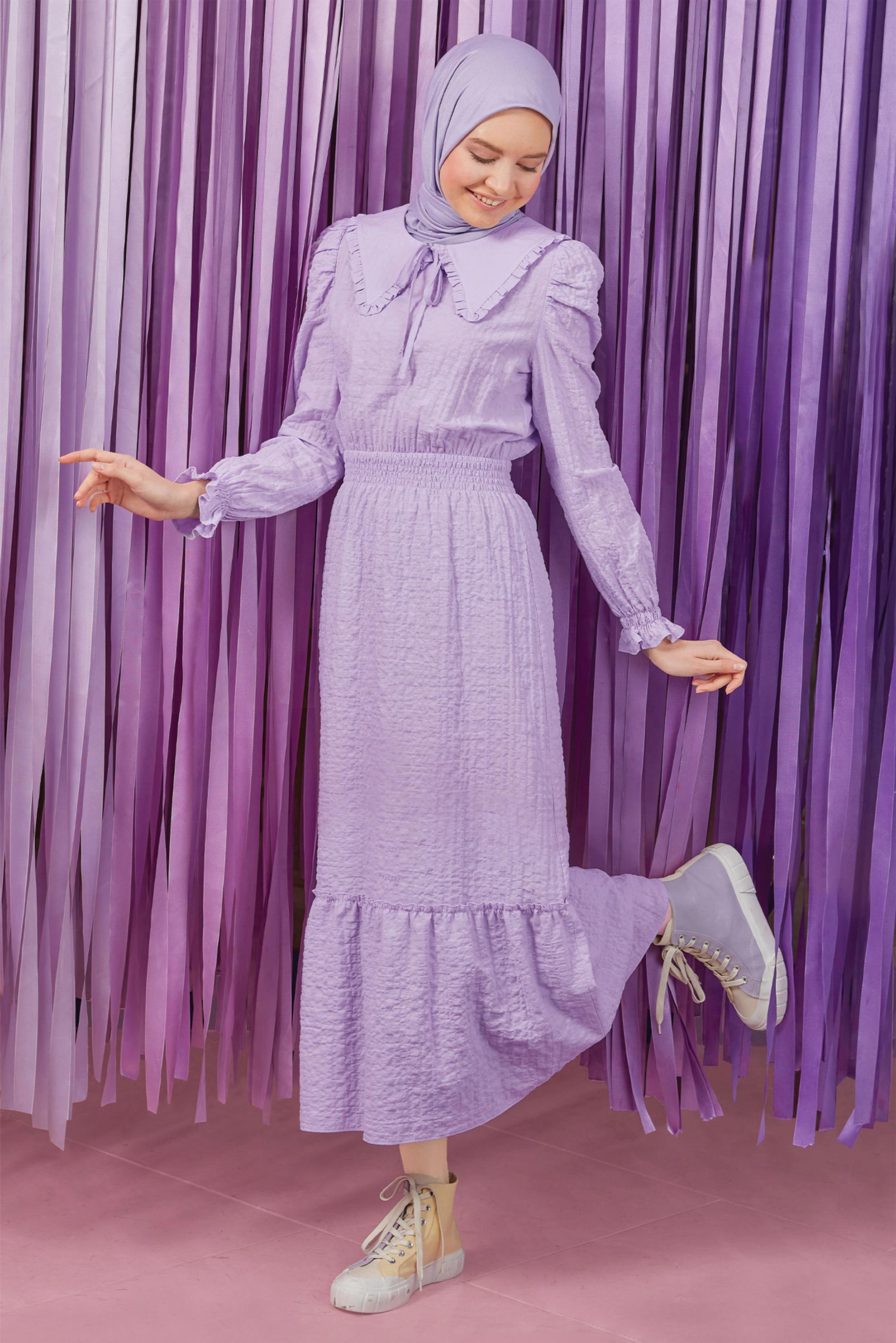Tesettür giyim MOR BEBE YAKA GOFRE ELBİSE 42692 