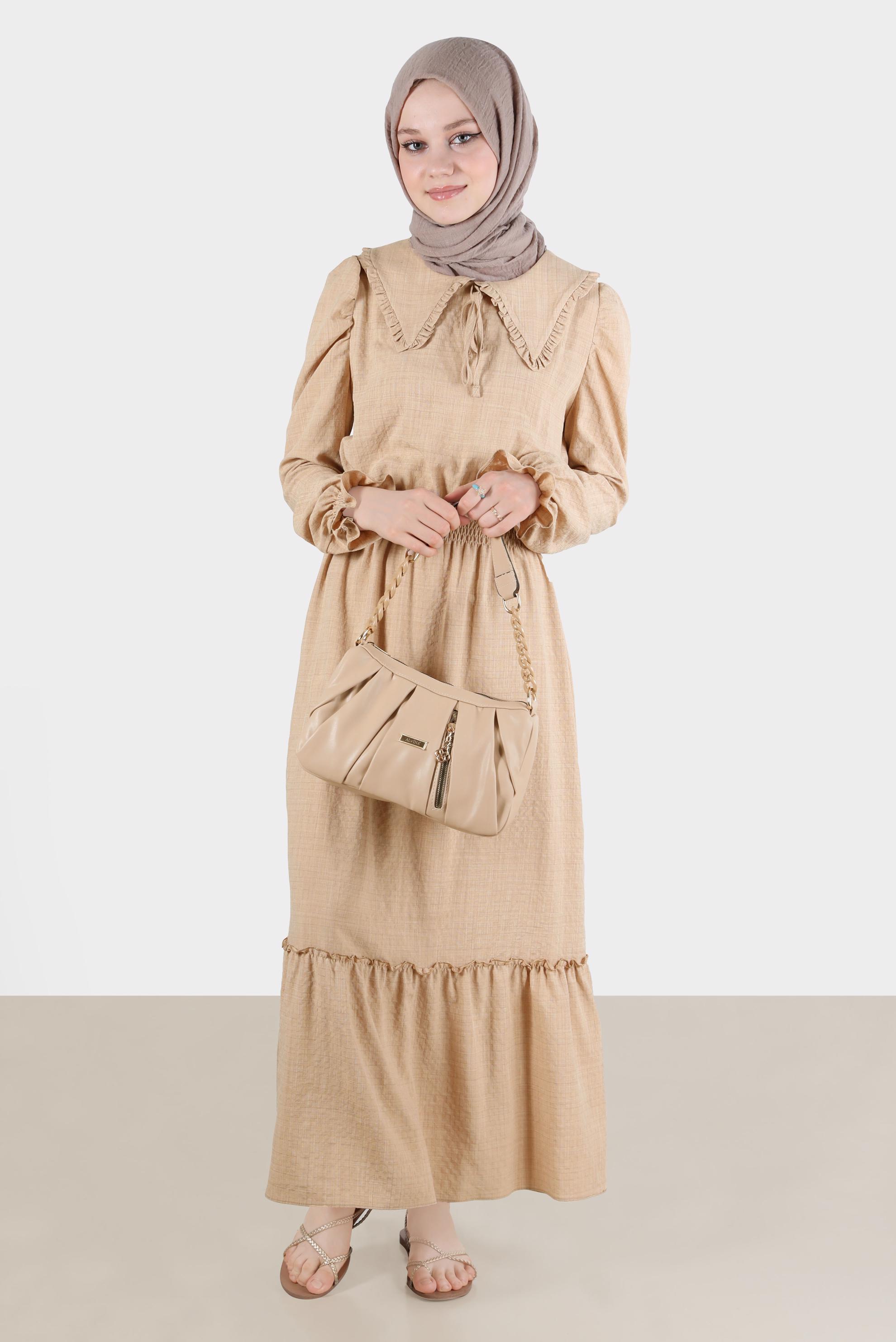 Tesettür giyim KAHVE BEBE YAKA GOFRE ELBİSE 42692 