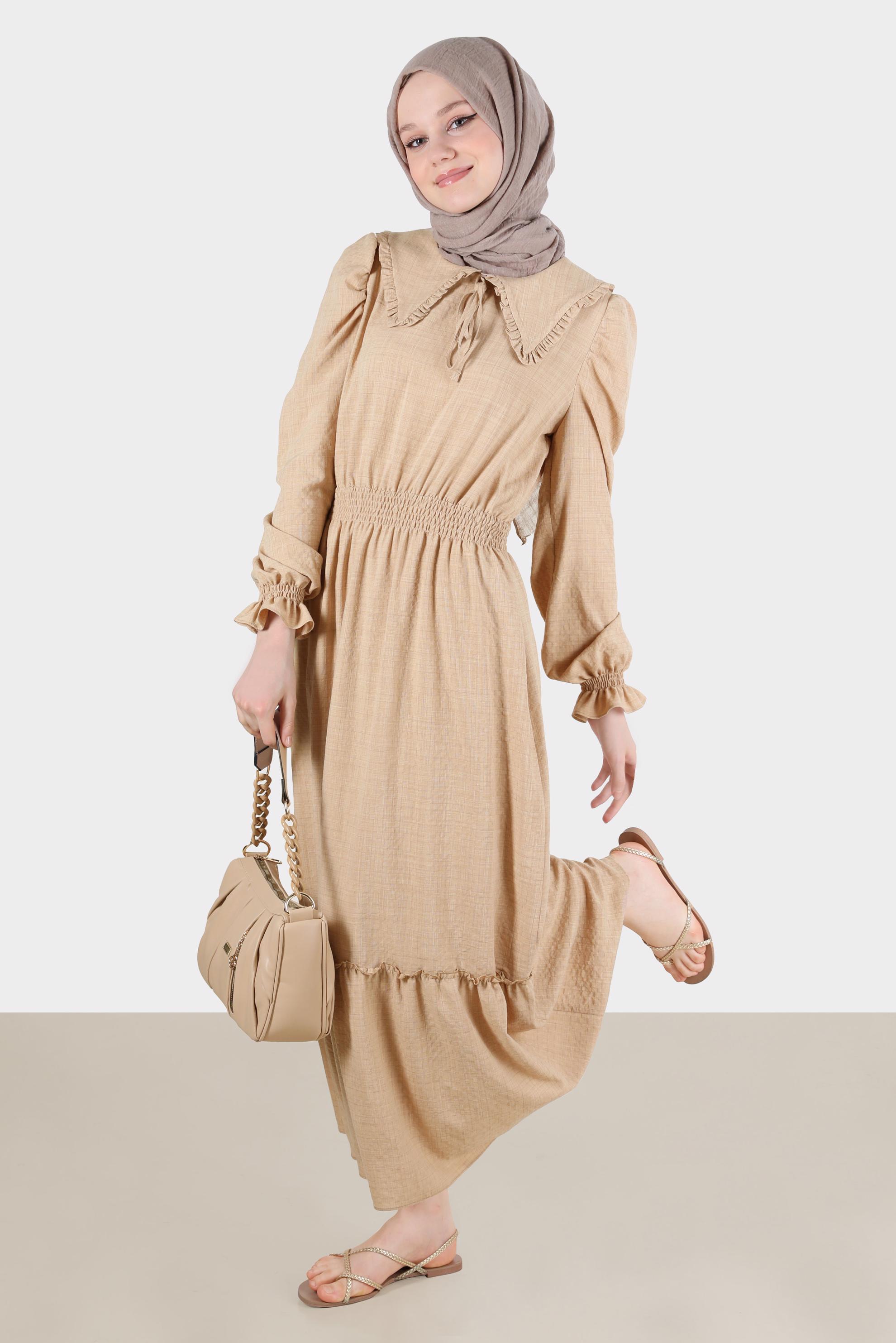 Tesettür giyim KAHVE BEBE YAKA GOFRE ELBİSE 42692 